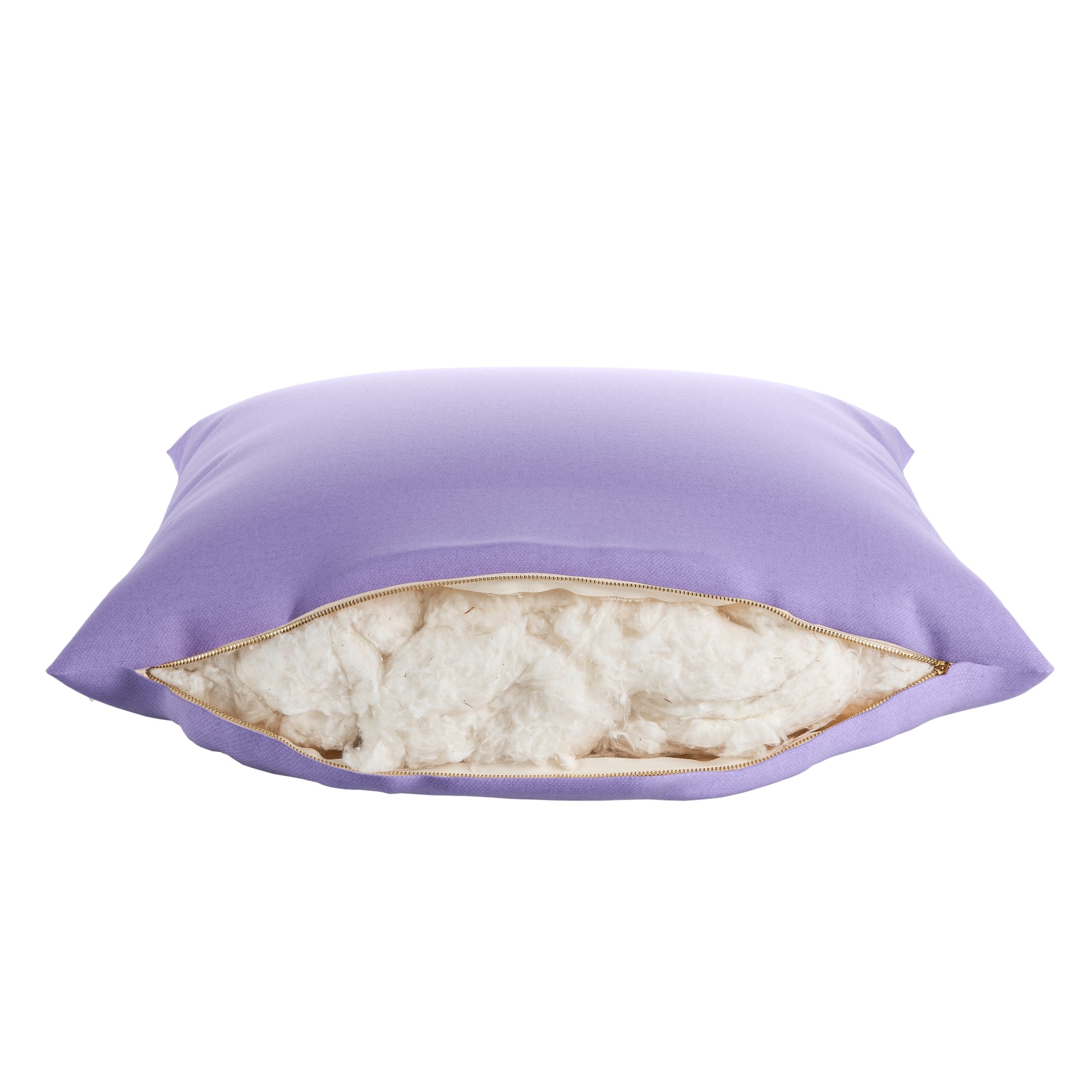 Lavender purple square pillow on a white background. Zipper open showing cotton inside.