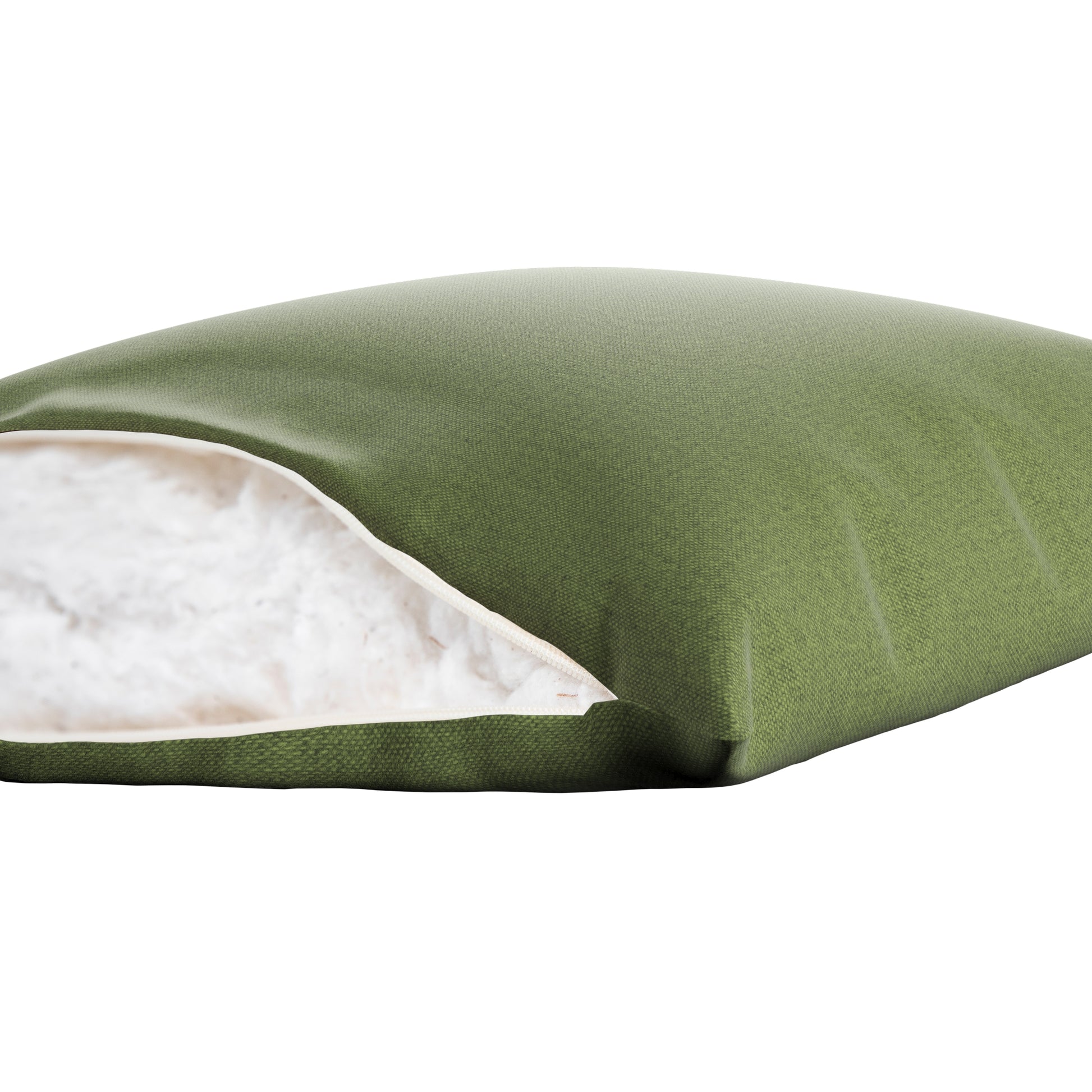Fern green square pillow on a white background. Zipper open showing cotton inside.