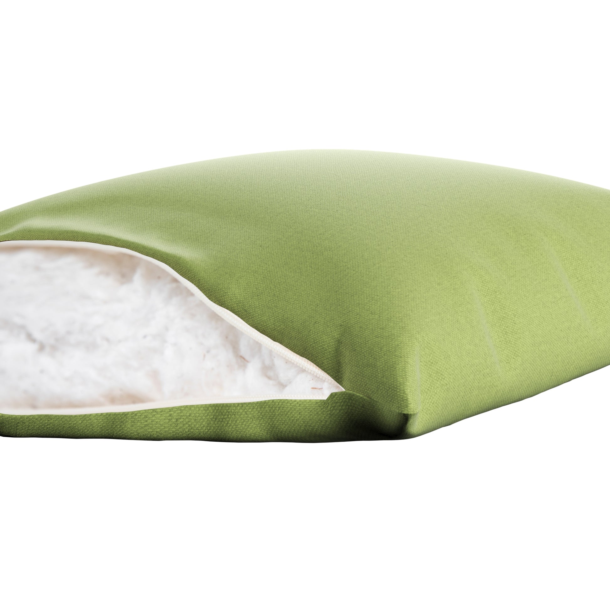 Light green square pillow on a white background. Zipper open showing cotton inside.