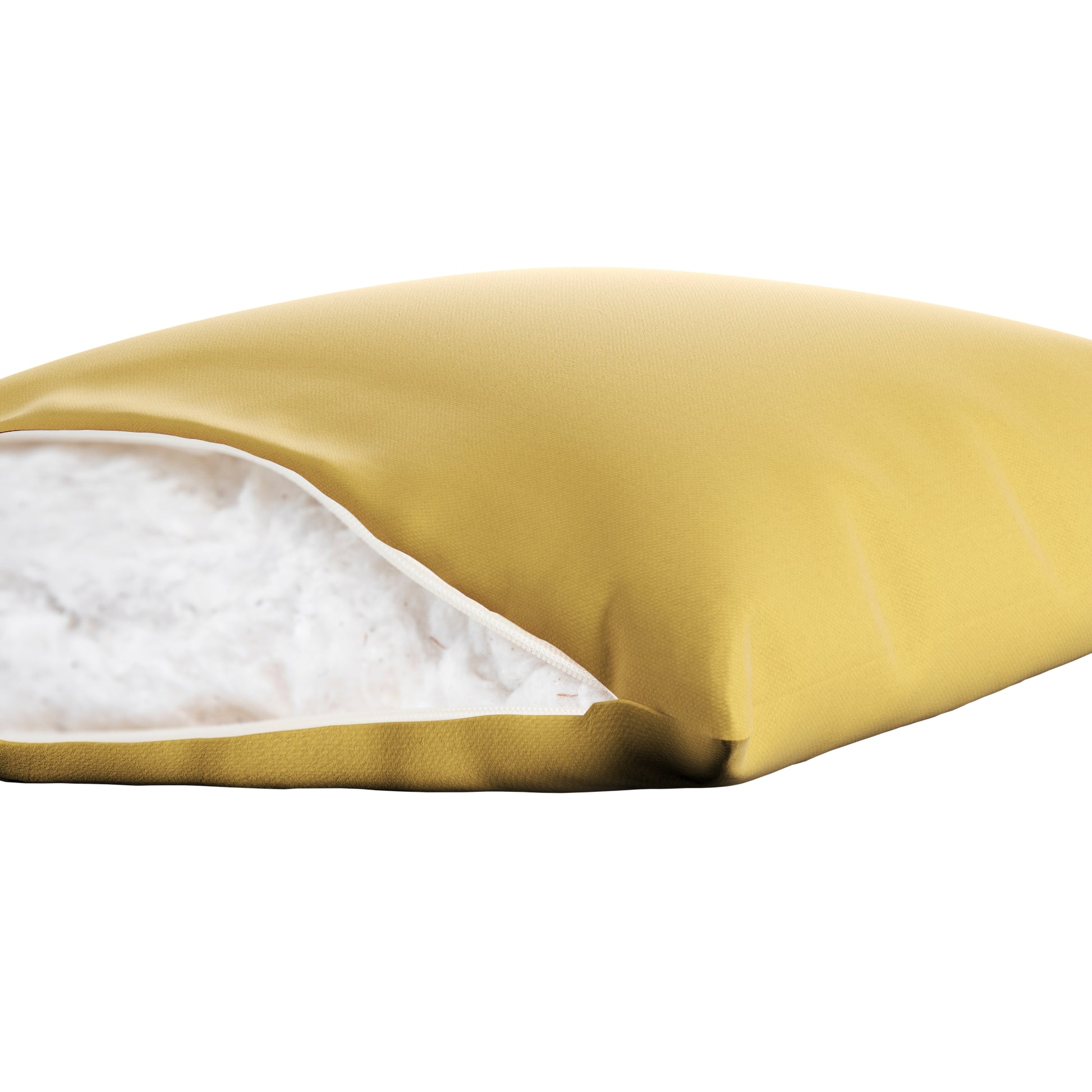 Yellow square pillow on a white background. Zipper open showing cotton inside.