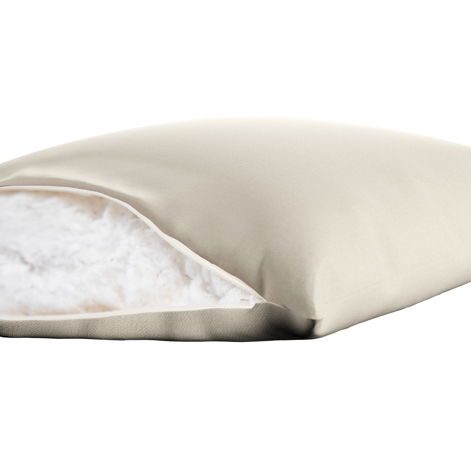 White square pillow on a white background. Zipper open showing cotton inside.