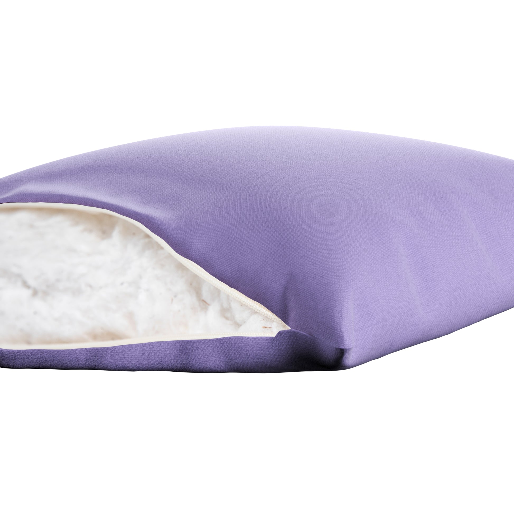 Lavender purple square pillow on a white background. Zipper open showing cotton inside.