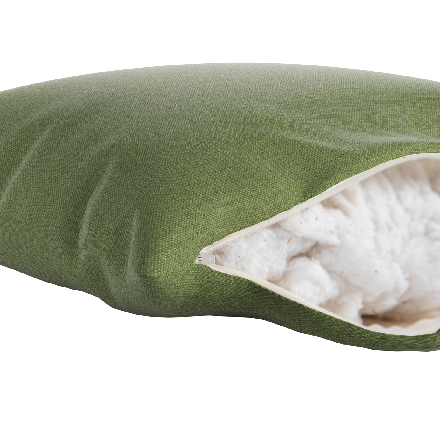Fern green square pillow on a white background. Zipper open showing cotton inside.