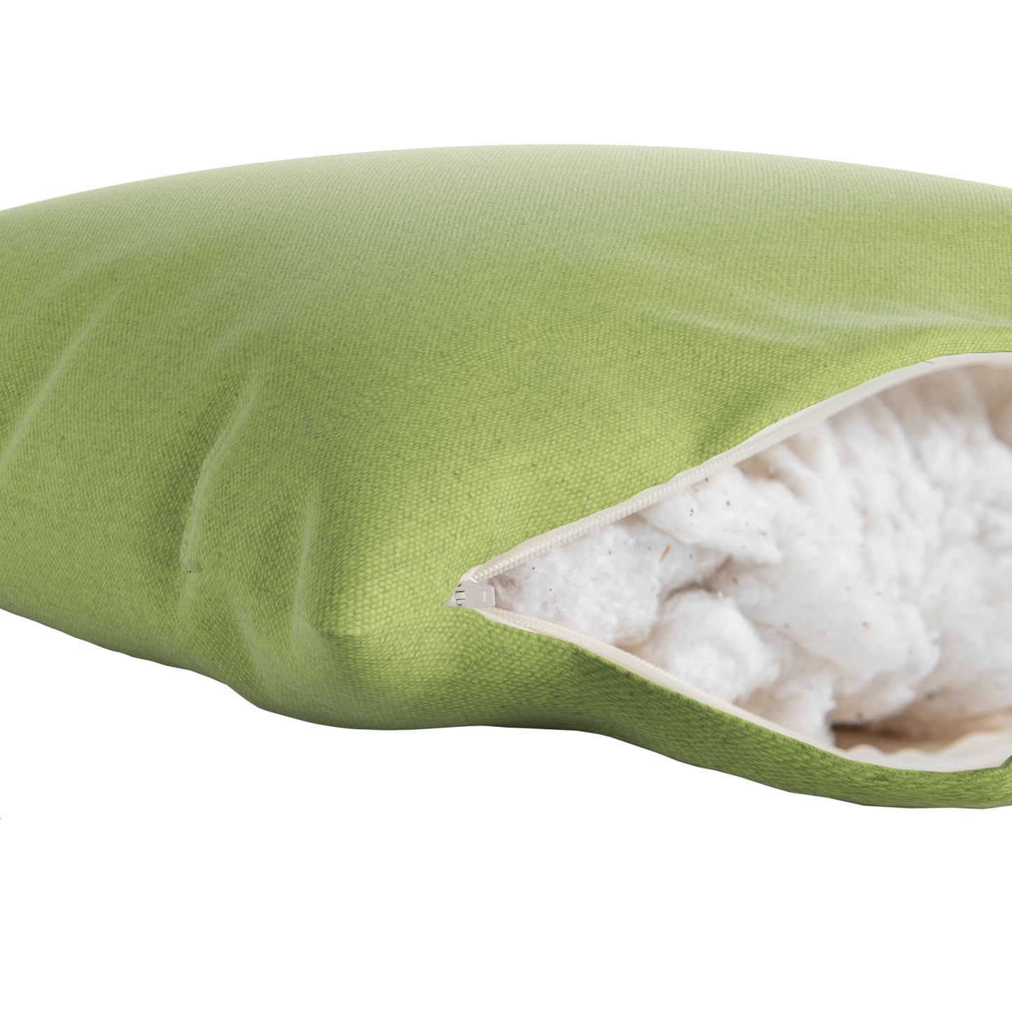 Light green square pillow on a white background. Zipper open showing cotton inside.