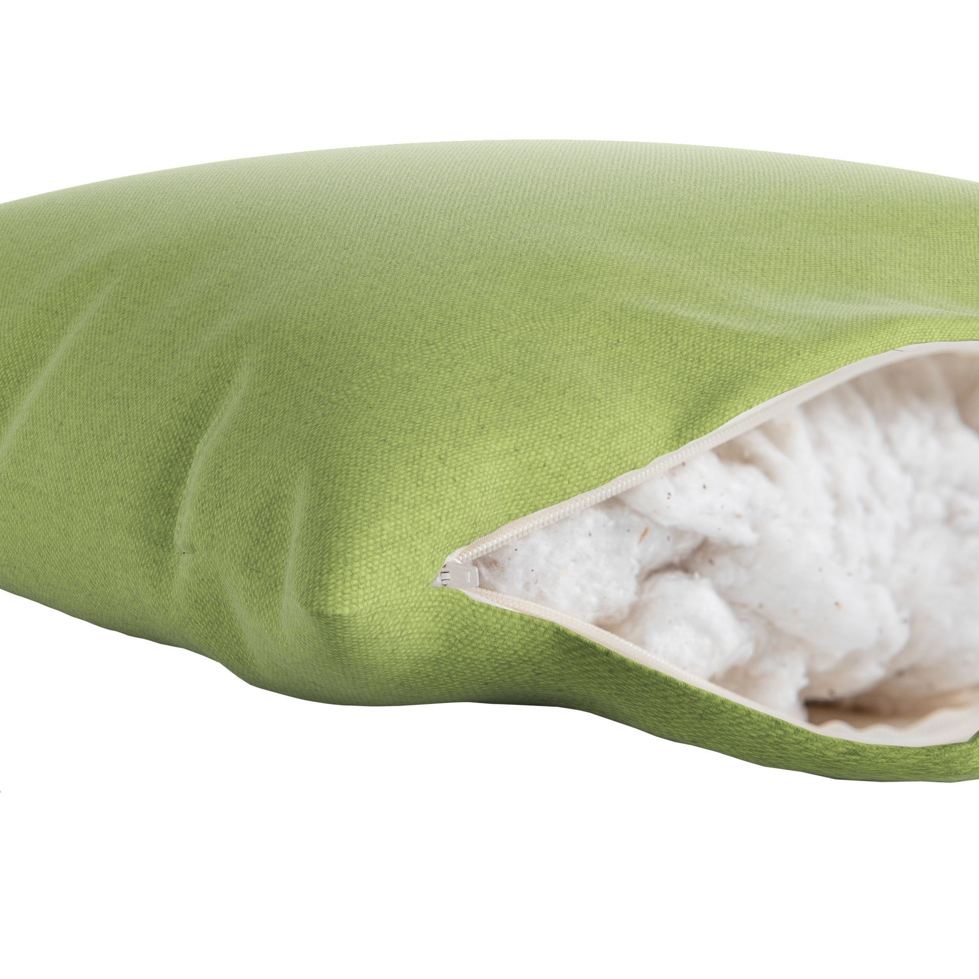 Light green square pillow on a white background. Zipper open showing cotton inside.