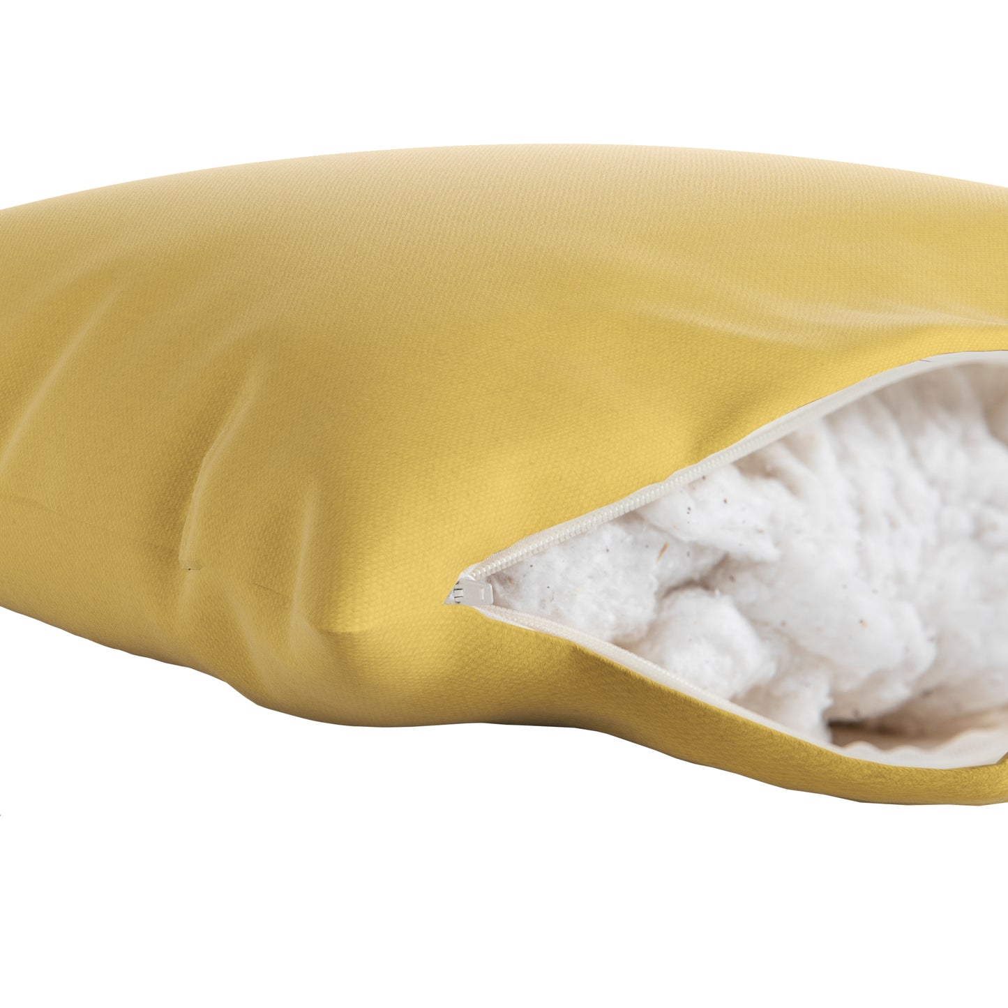 Yellow square pillow on a white background. Zipper open showing cotton inside.
