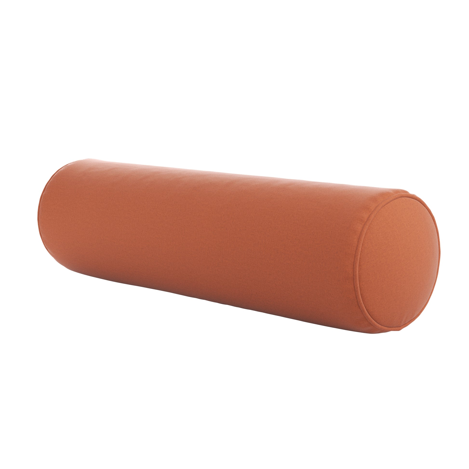 Burnt orange bolster pillow on a white background.