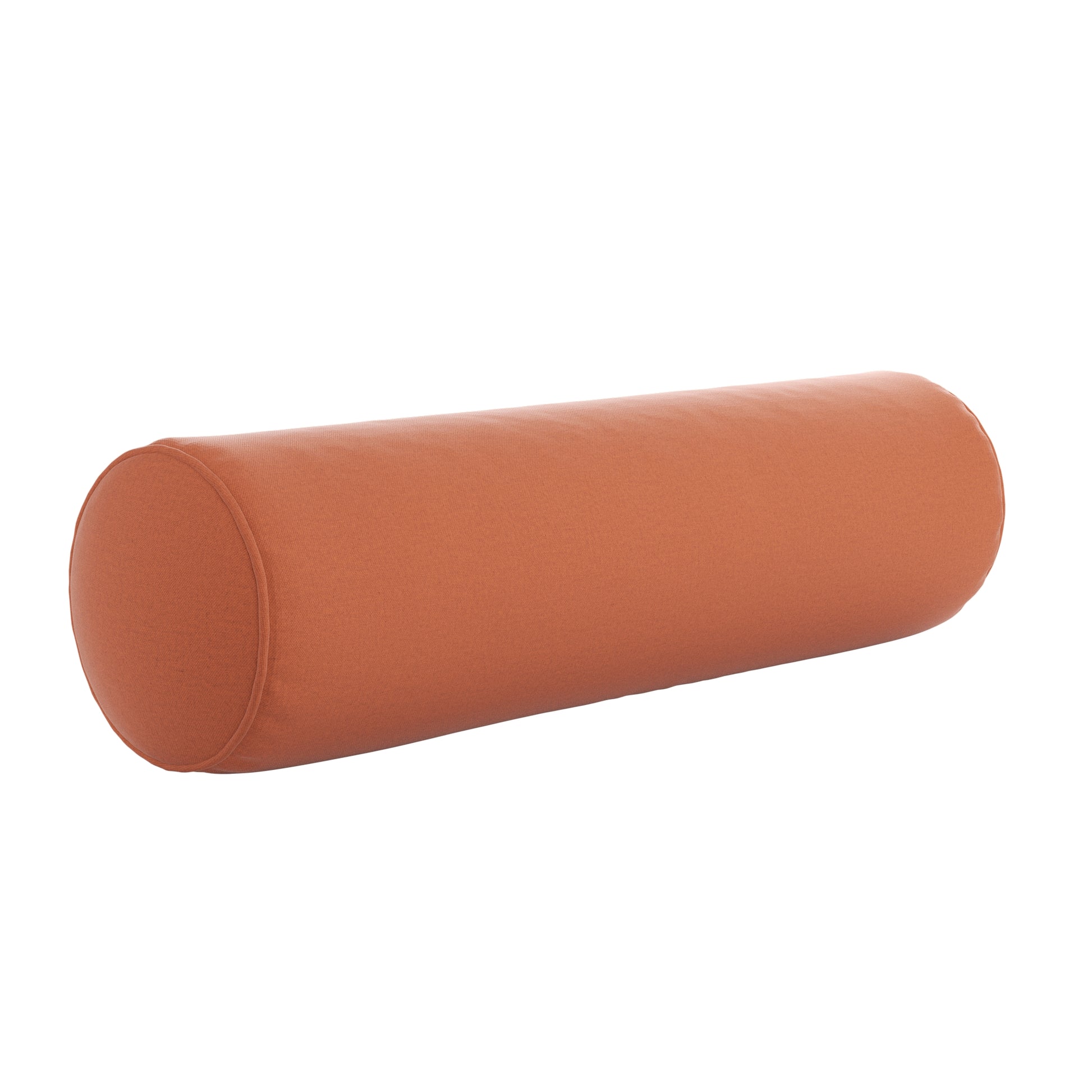 Burnt orange bolster pillow on a white background.