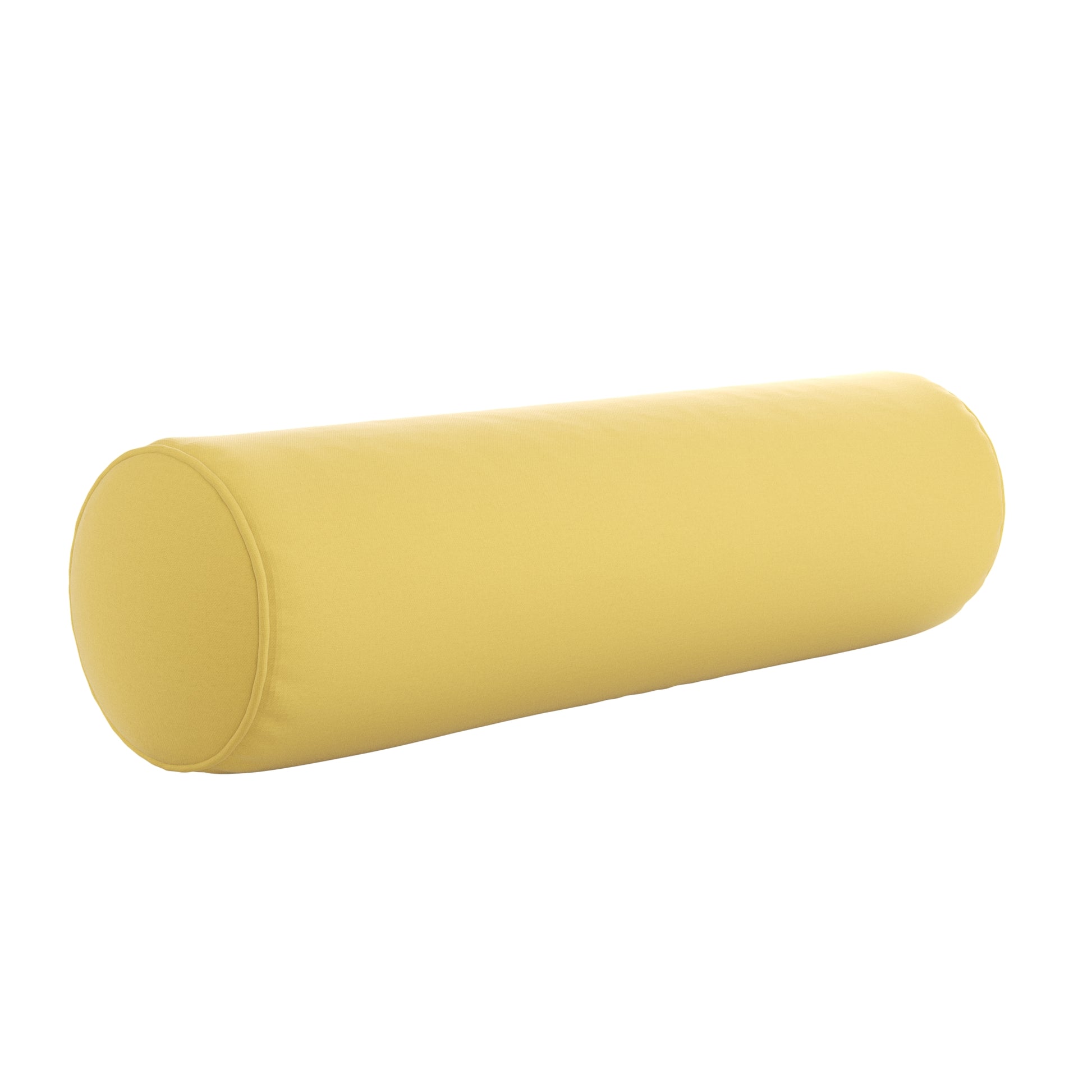 Yellow bolster pillow on a white background.