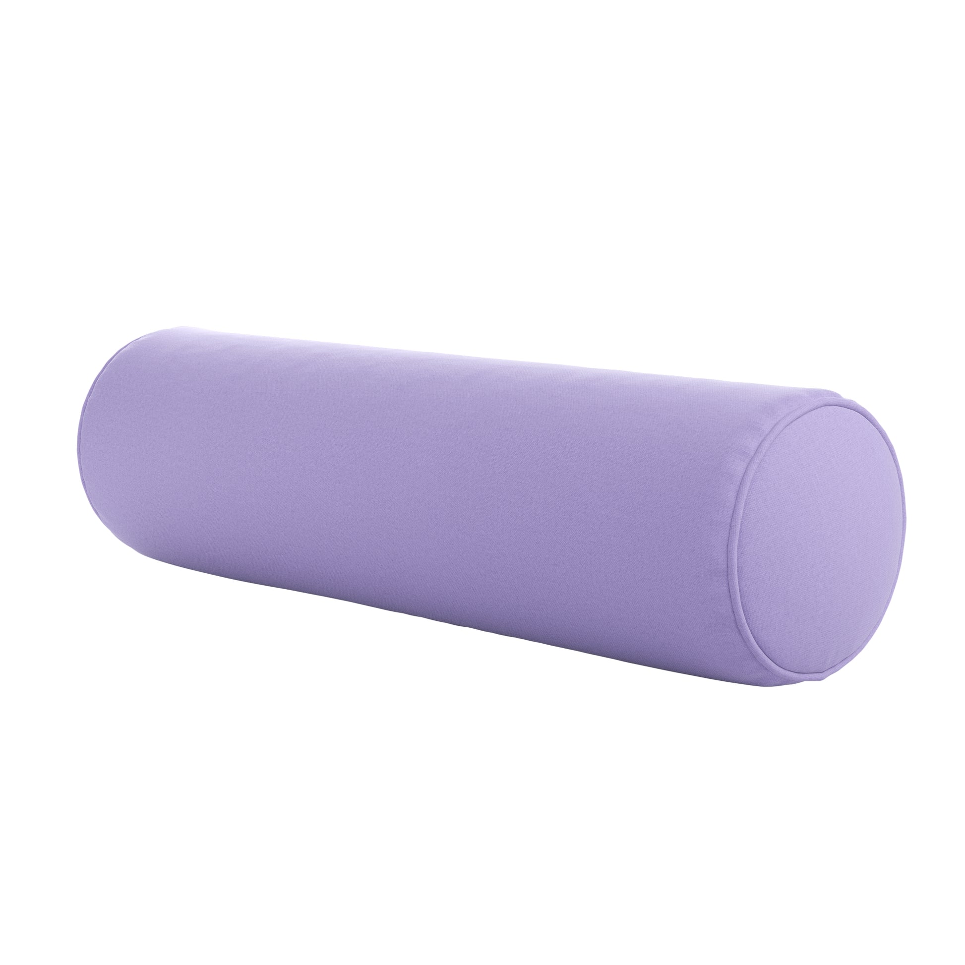Lavender purple bolster pillow on a white background.