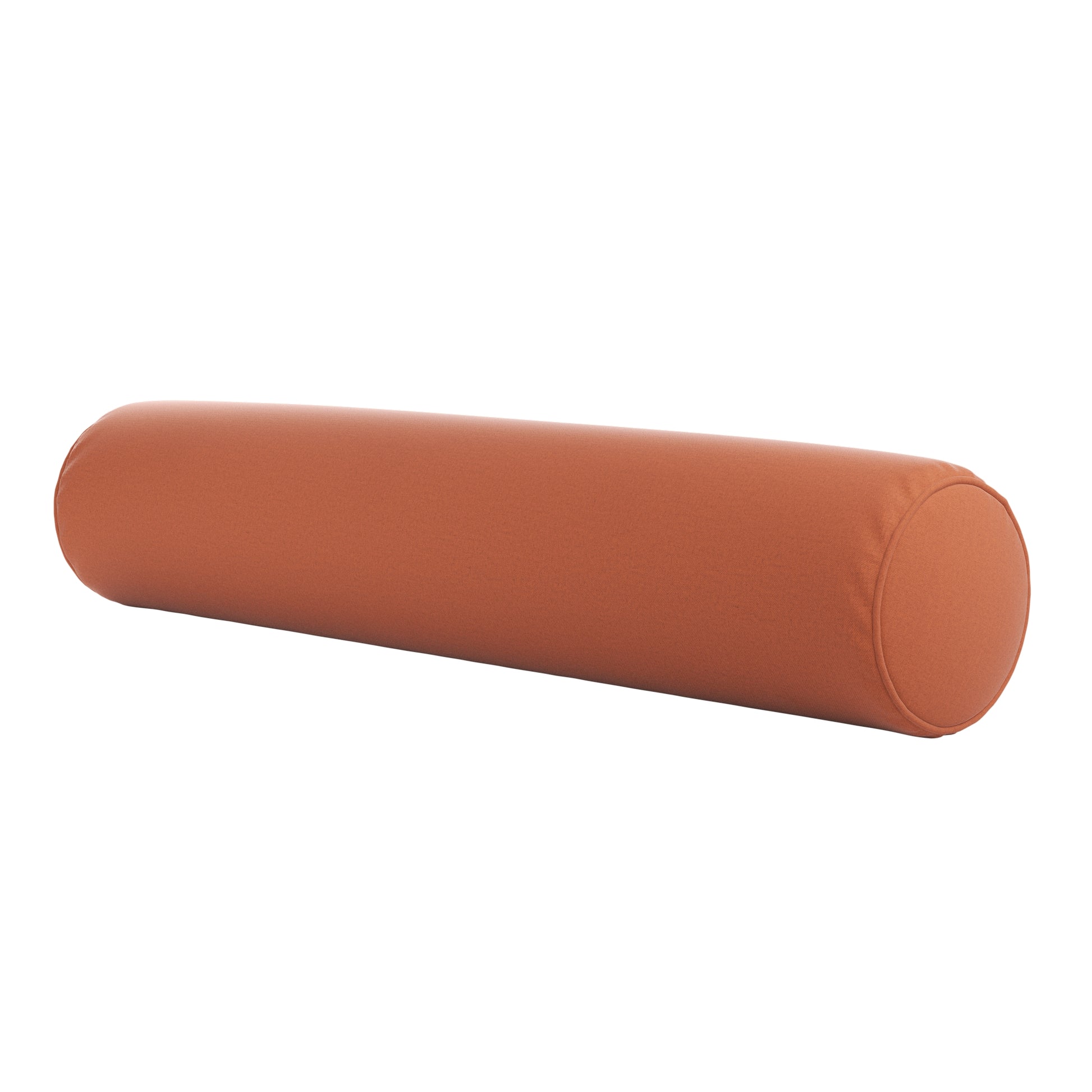 Burnt orange bolster pillow on a white background.