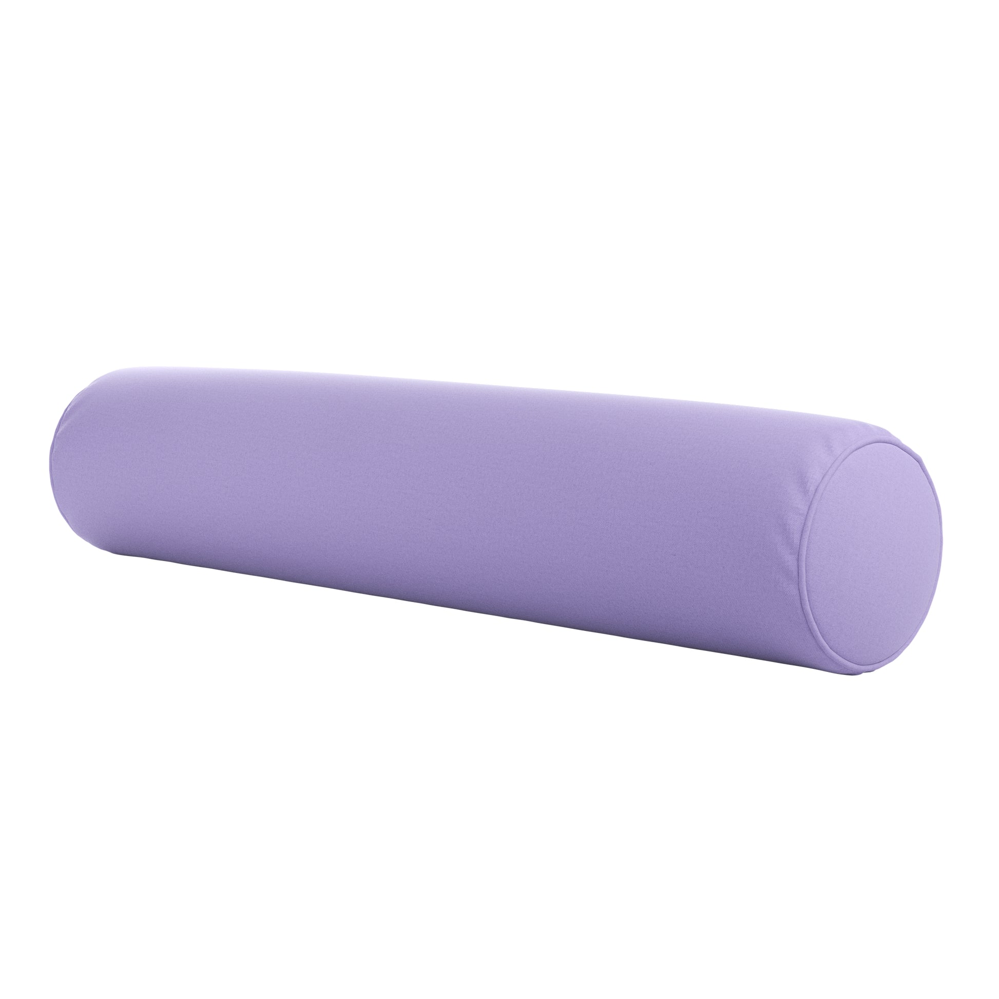 Lavender purple bolster pillow on a white background.