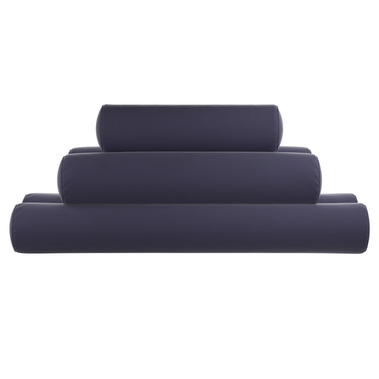 Navy blue bolster pillows stacked on a white background.