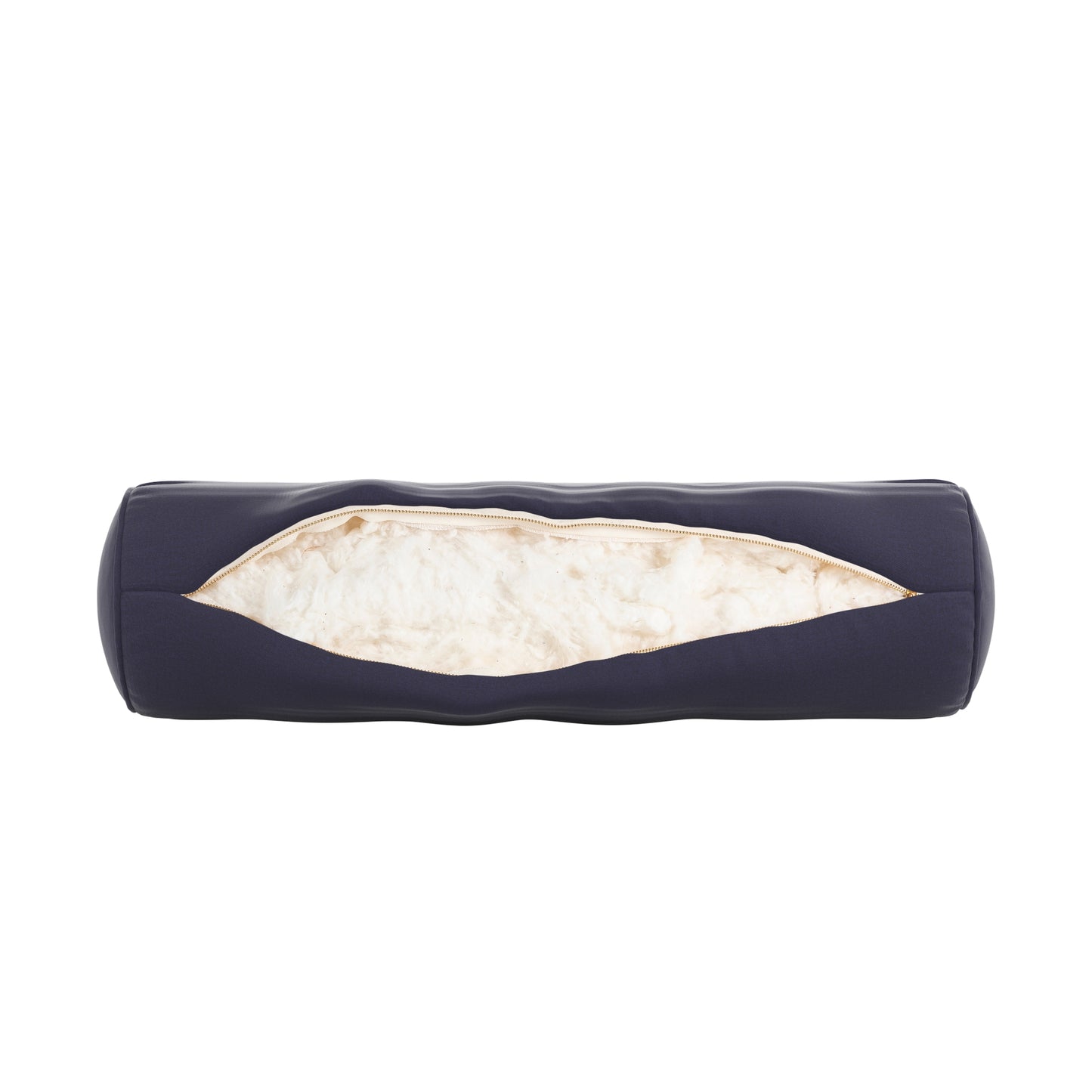 Navy blue bolster pillow on a white background. Zipper open showing cotton inside.