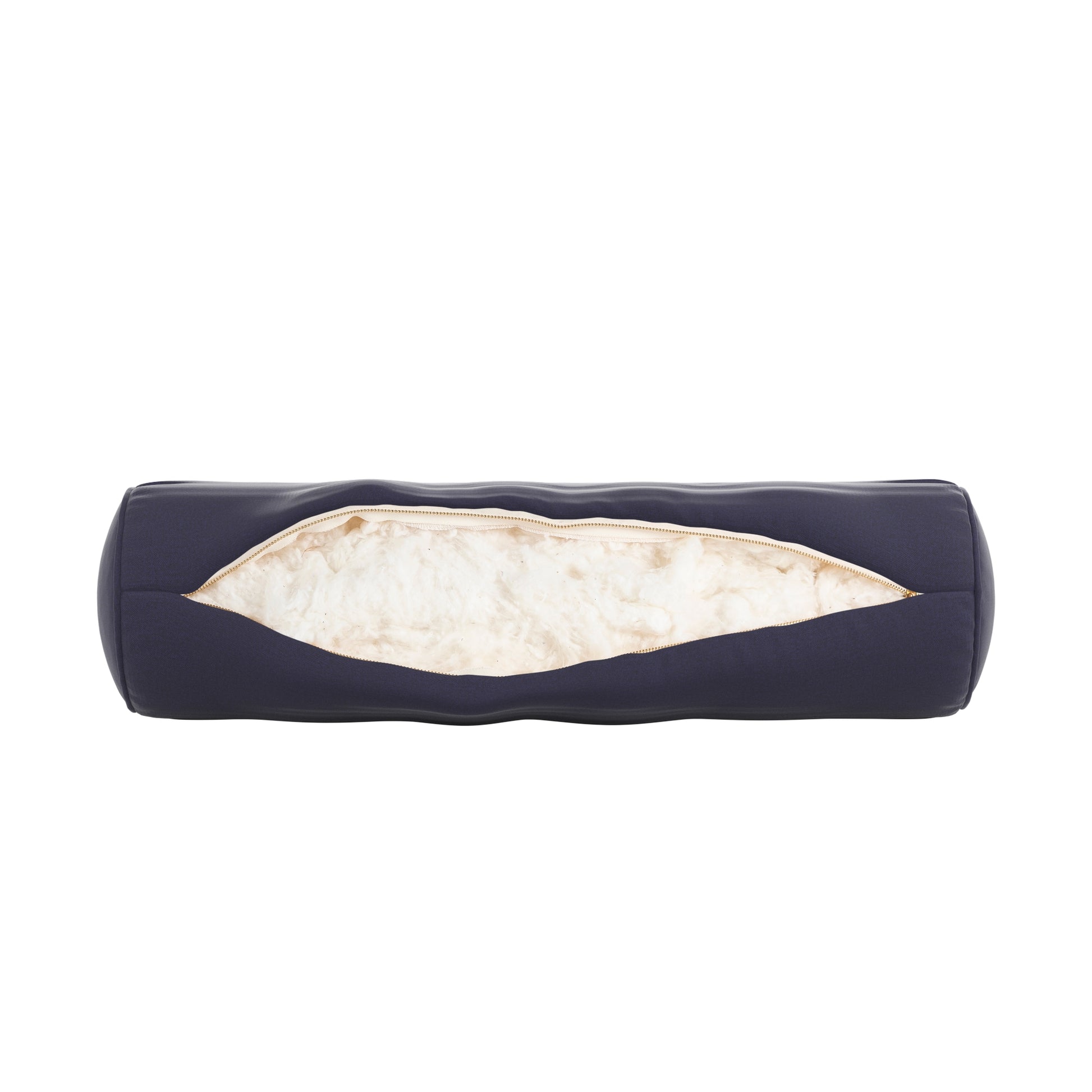 Navy blue bolster pillow on a white background. Zipper open showing cotton inside.