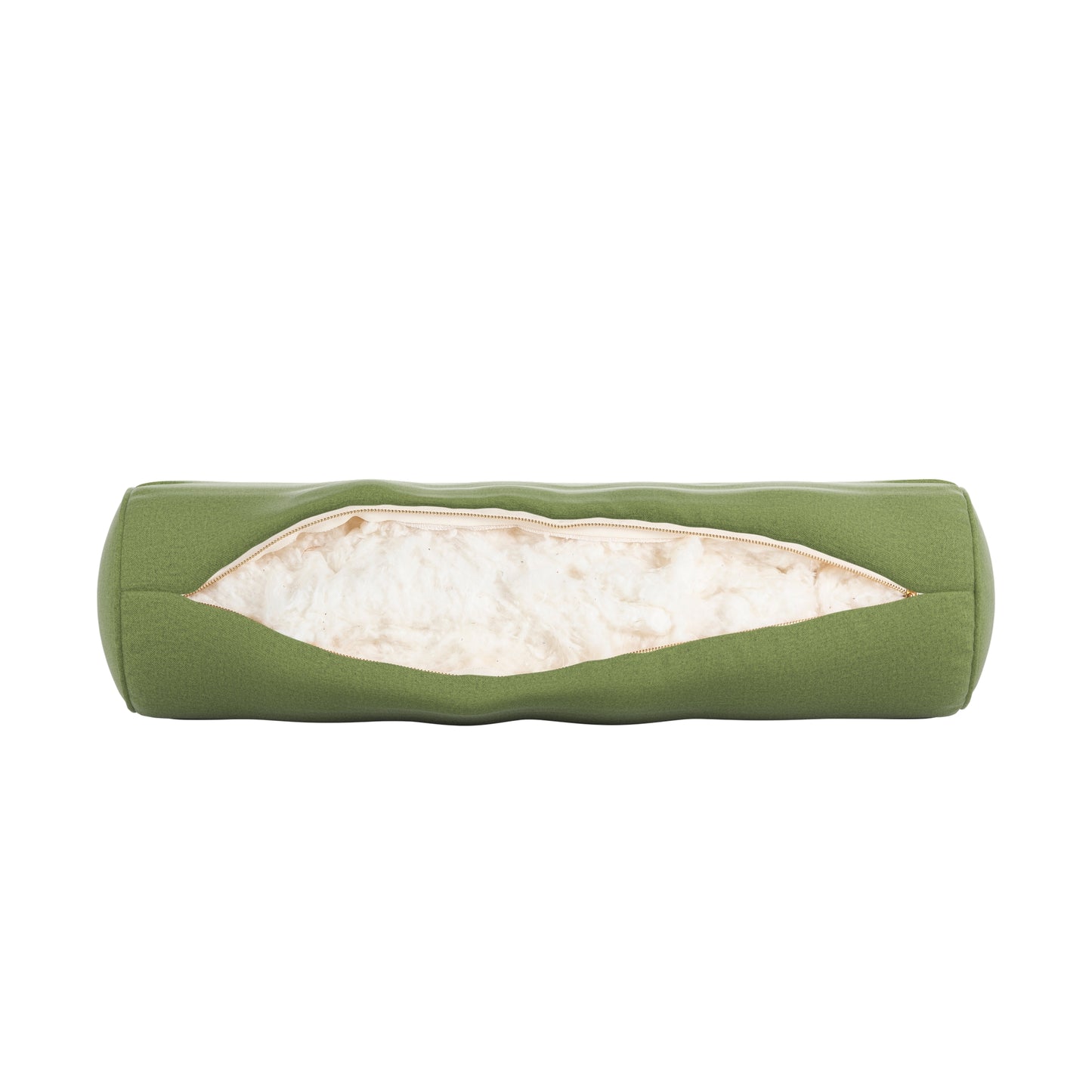 Fern Green bolster pillow with zipper open showing cotton inside on a white background.