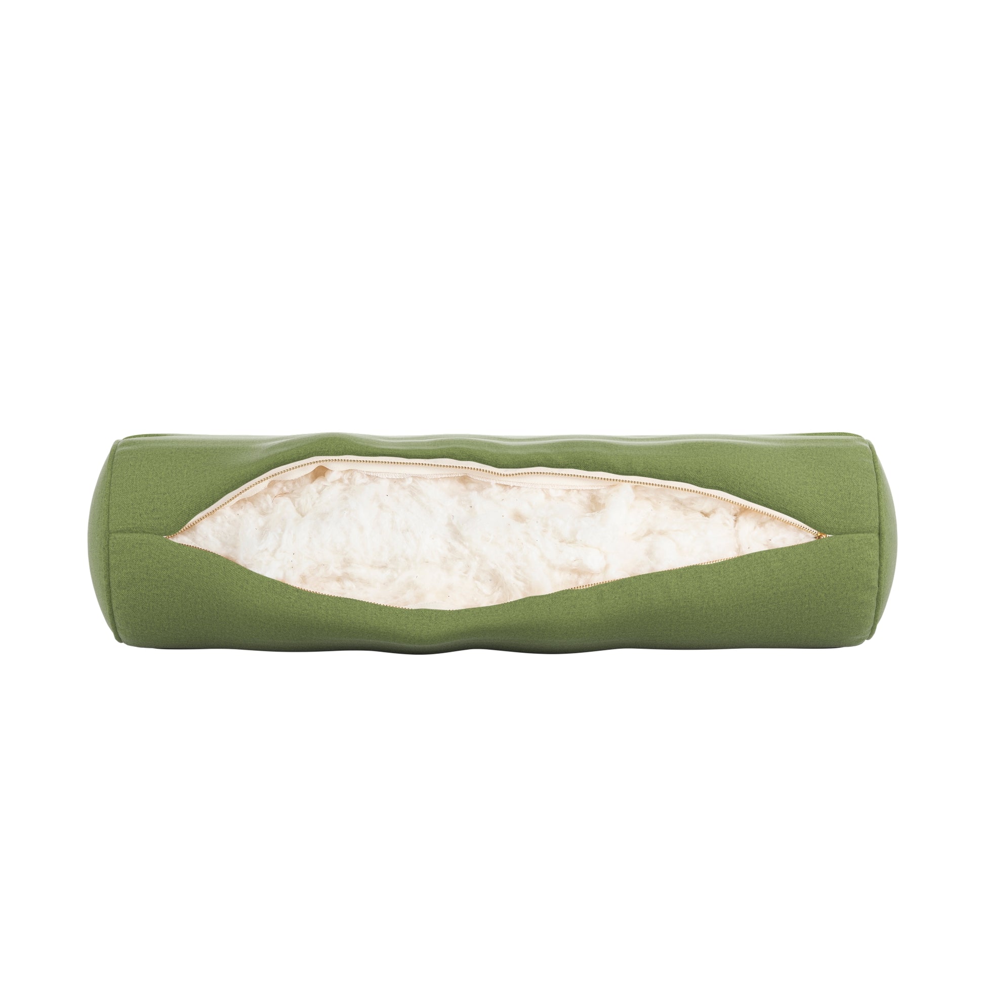 Fern Green bolster pillow with zipper open showing cotton inside on a white background.