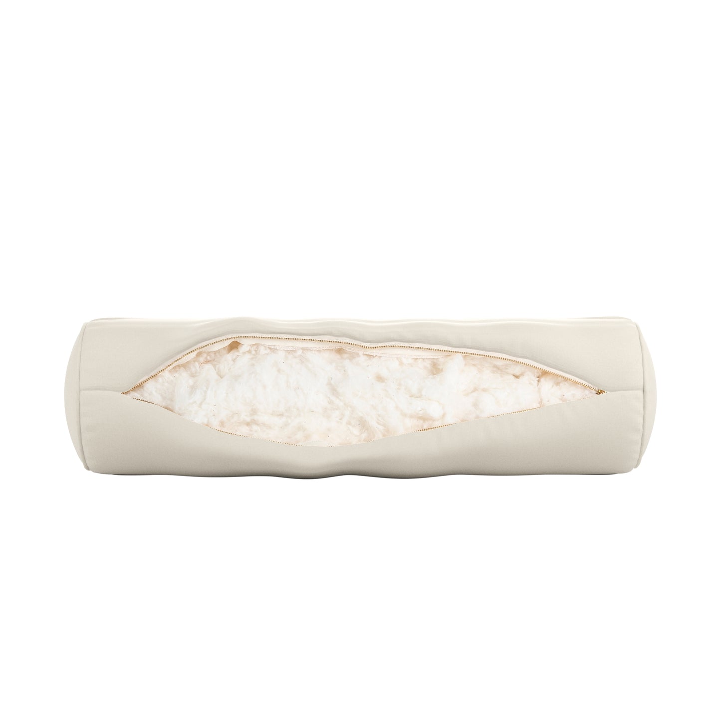 Natural white bolster pillow on a white background. Zipper open showing cotton inside.
