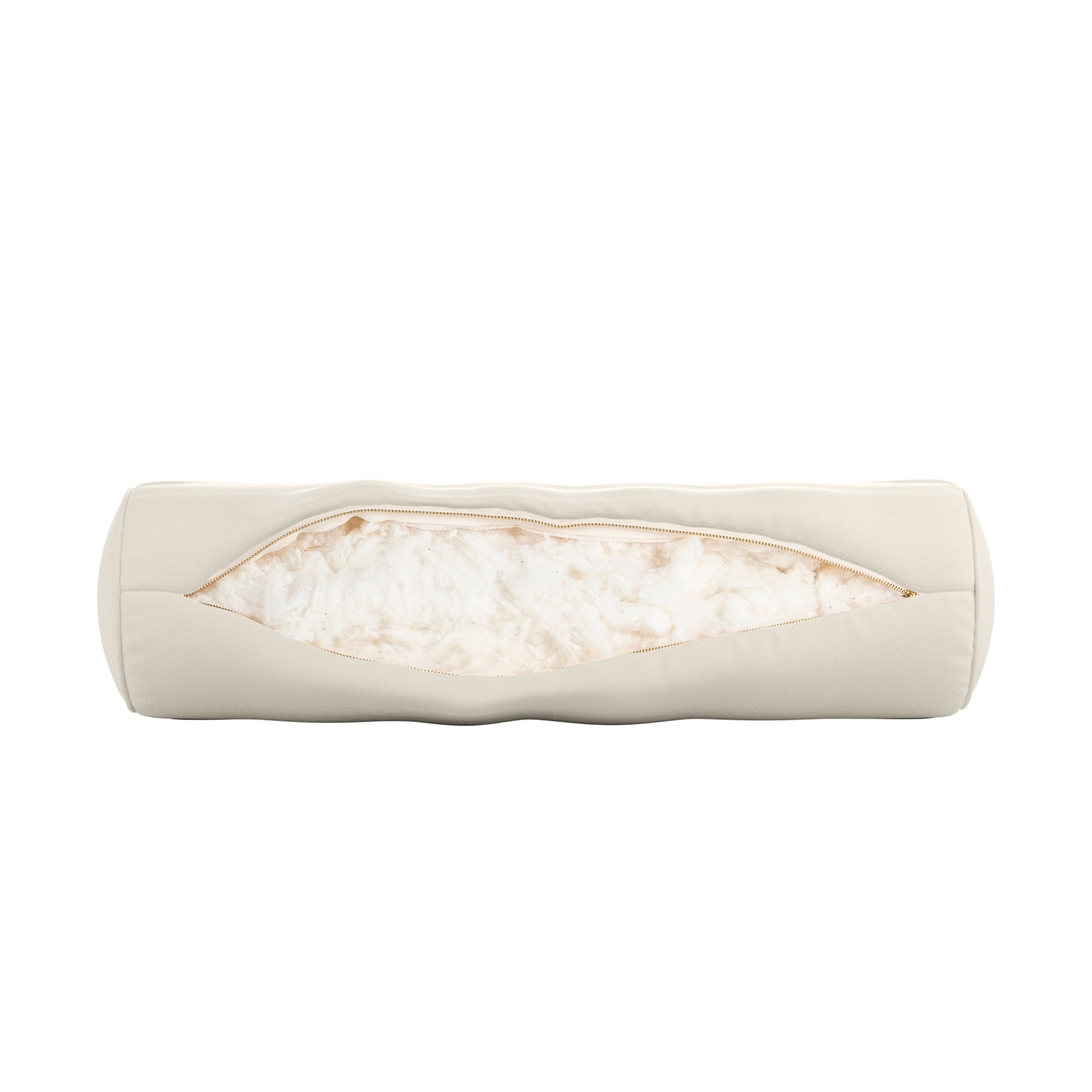 Natural white bolster pillow on a white background. Zipper open showing cotton inside.