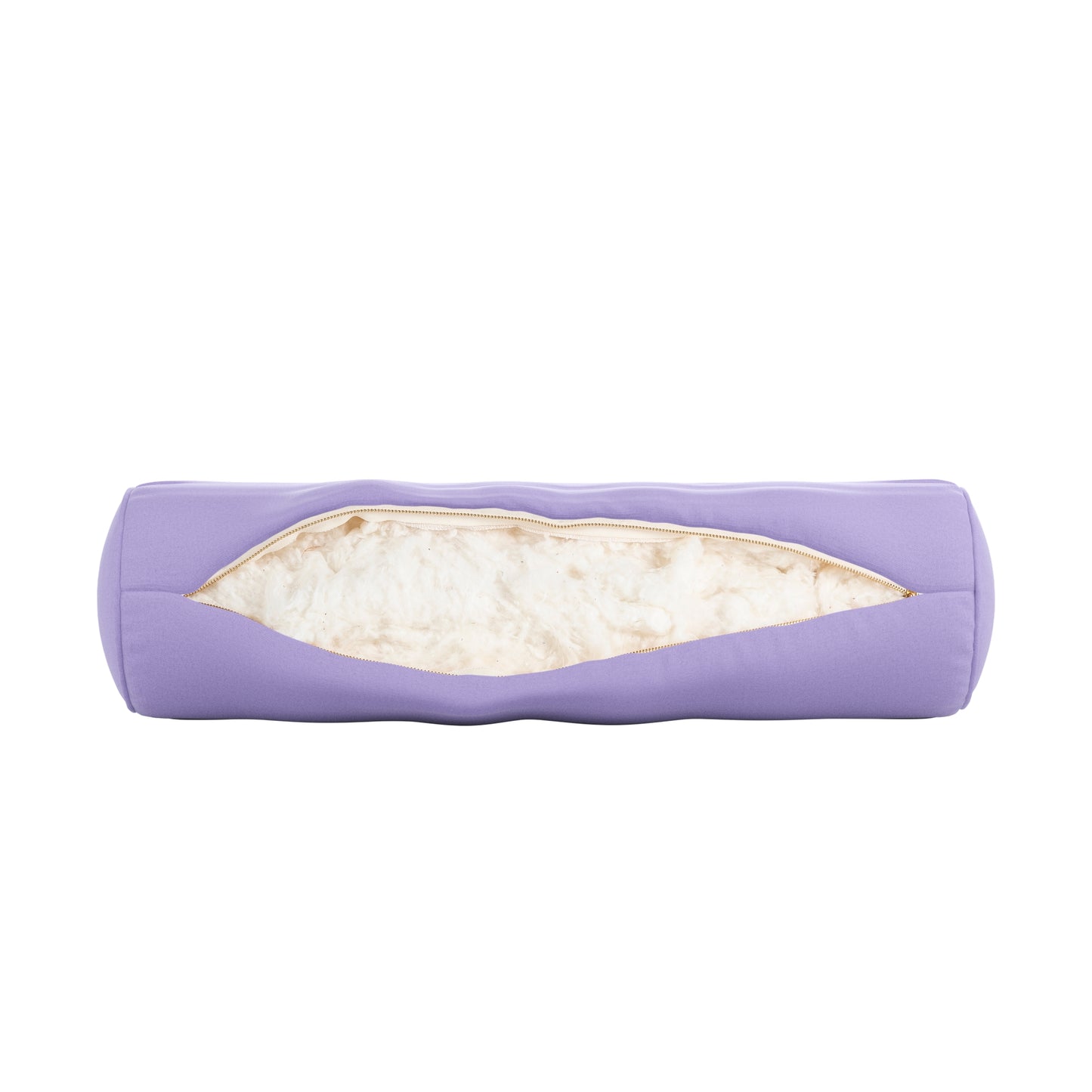 Lavender purple bolster pillow on a white background. Zipper open showing cotton inside.