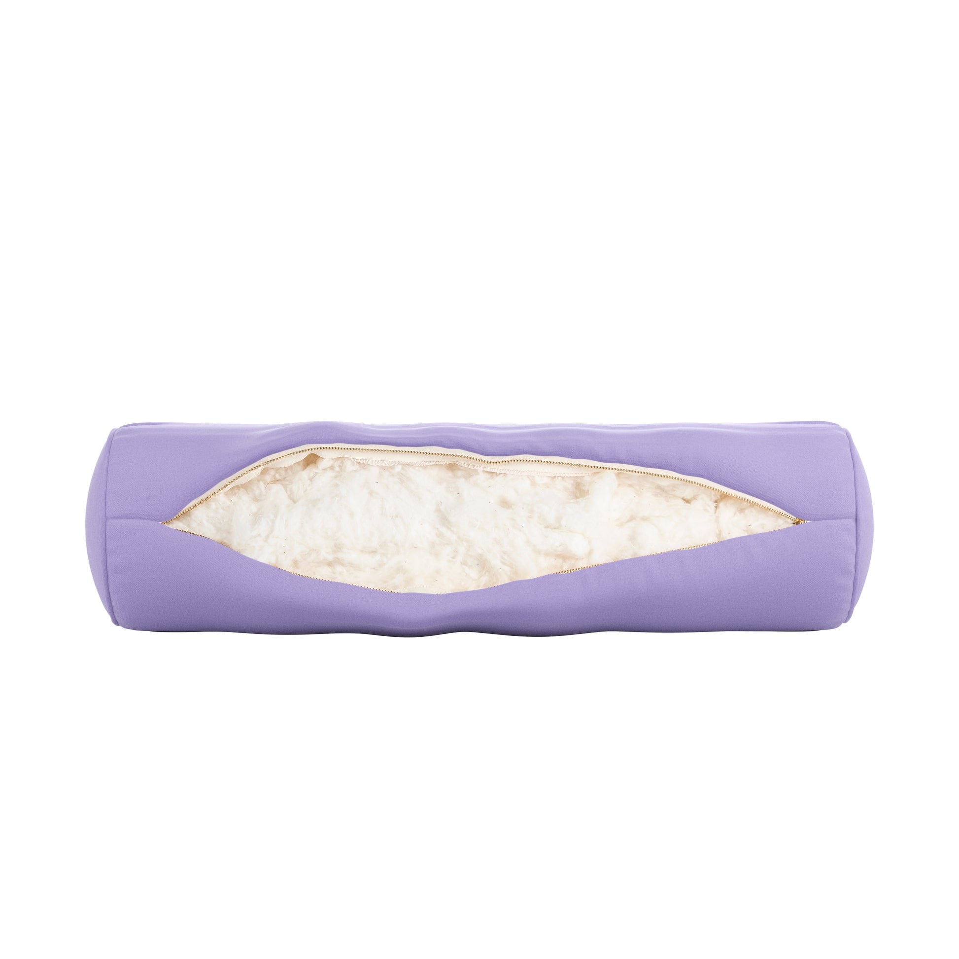 Lavender purple bolster pillow on a white background. Zipper open showing cotton inside.