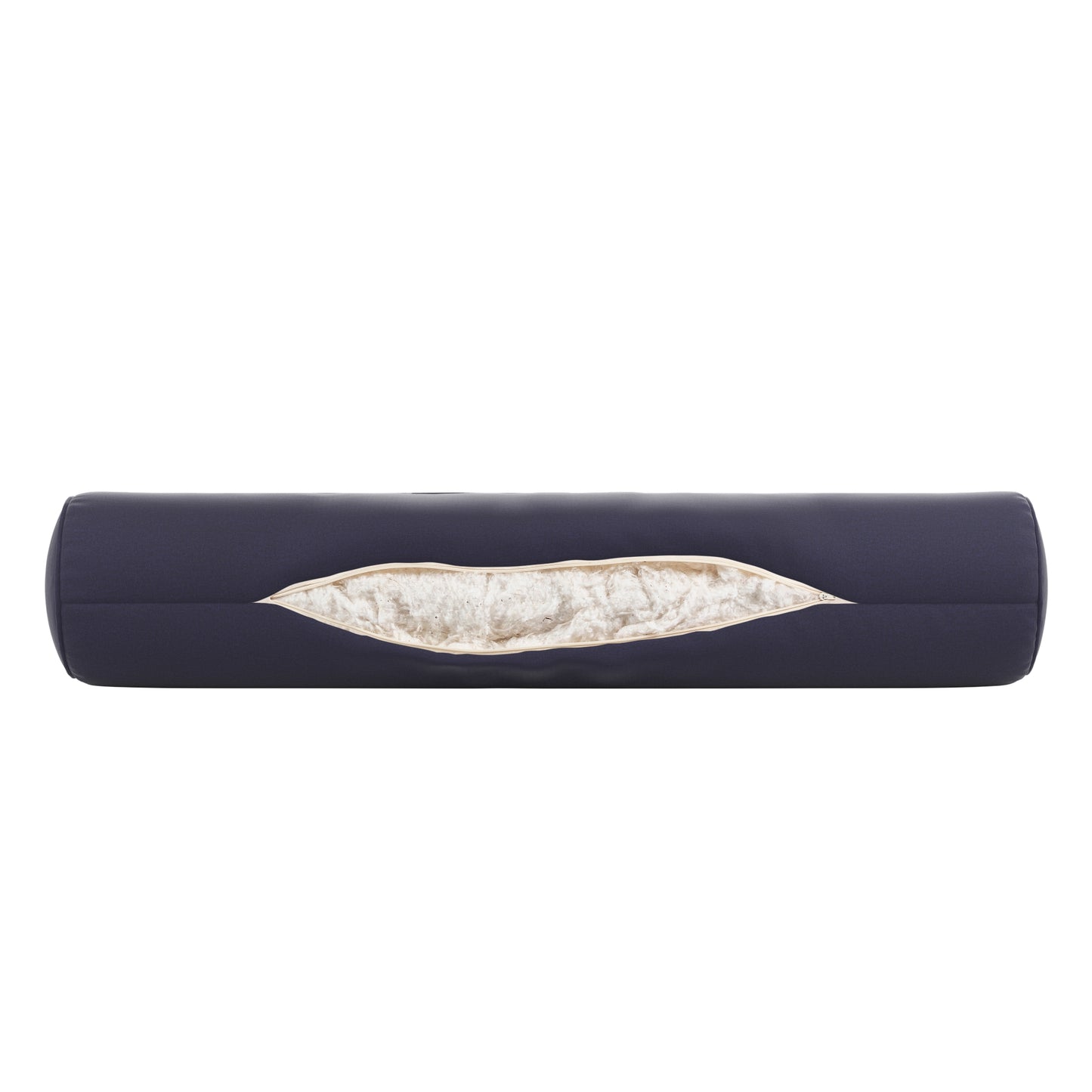 Navy blue bolster pillow on a white background. Zipper open showing cotton inside.