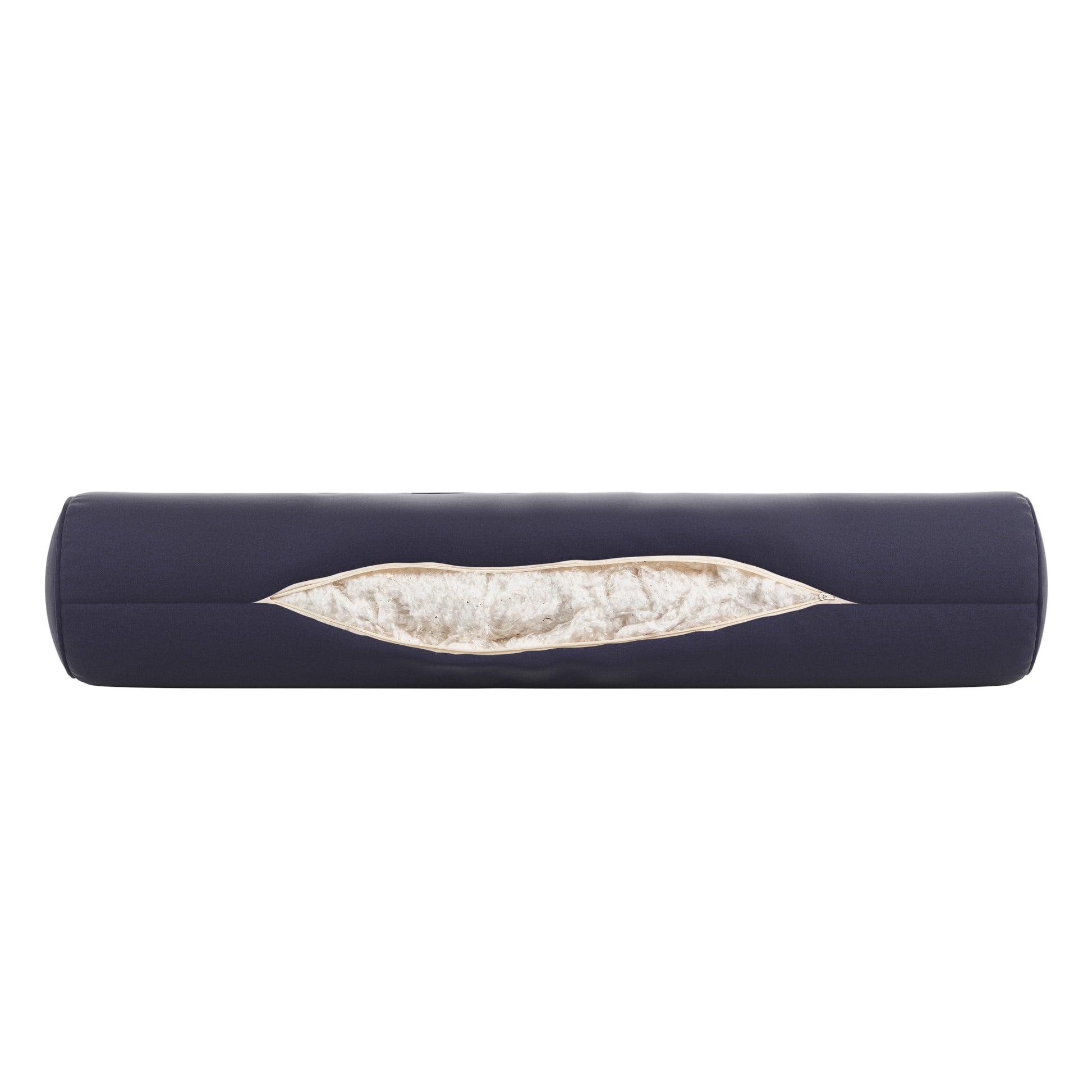 Navy blue bolster pillow on a white background. Zipper open showing cotton inside.