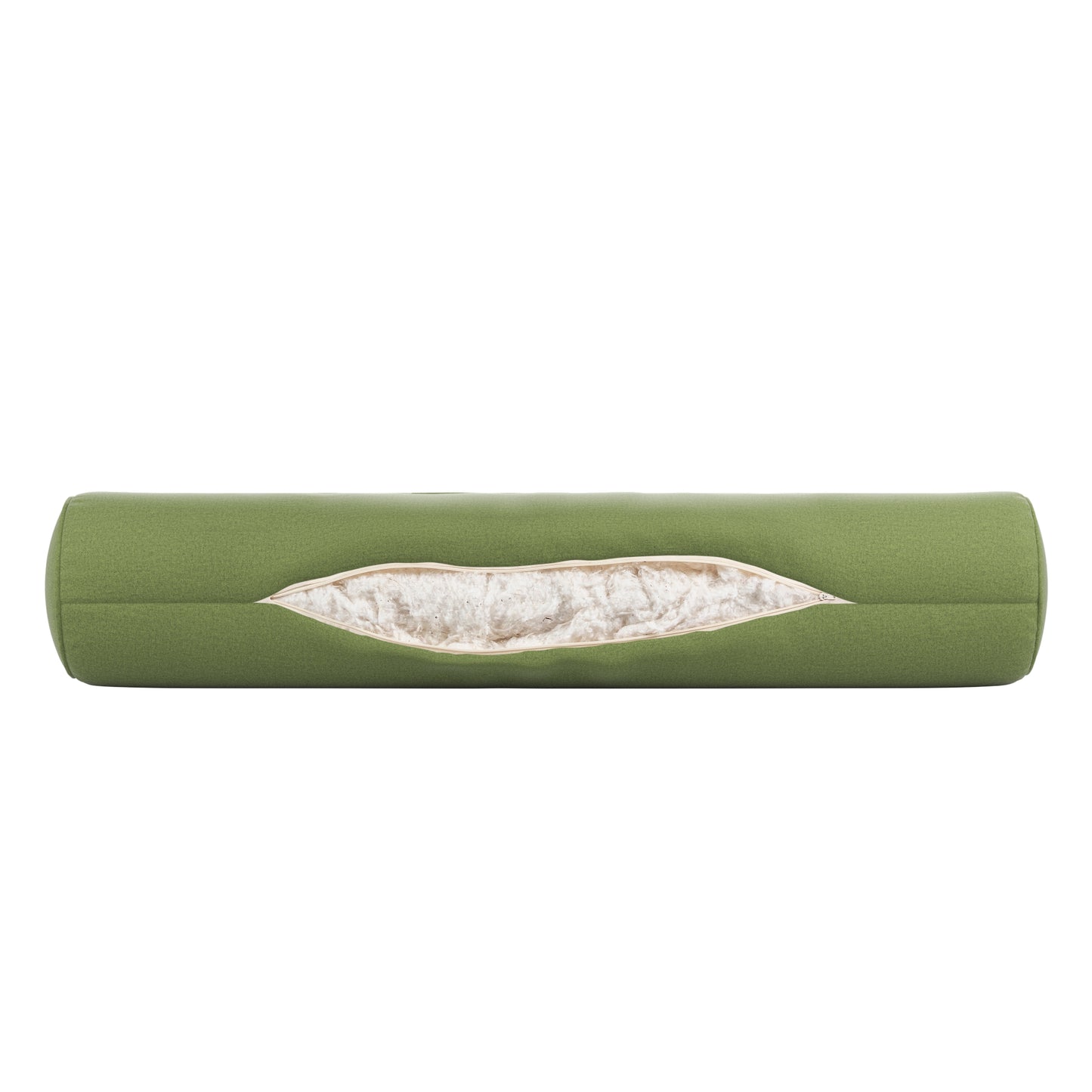 Fern Green bolster pillow on a white background. Zipper open showing cotton inside.