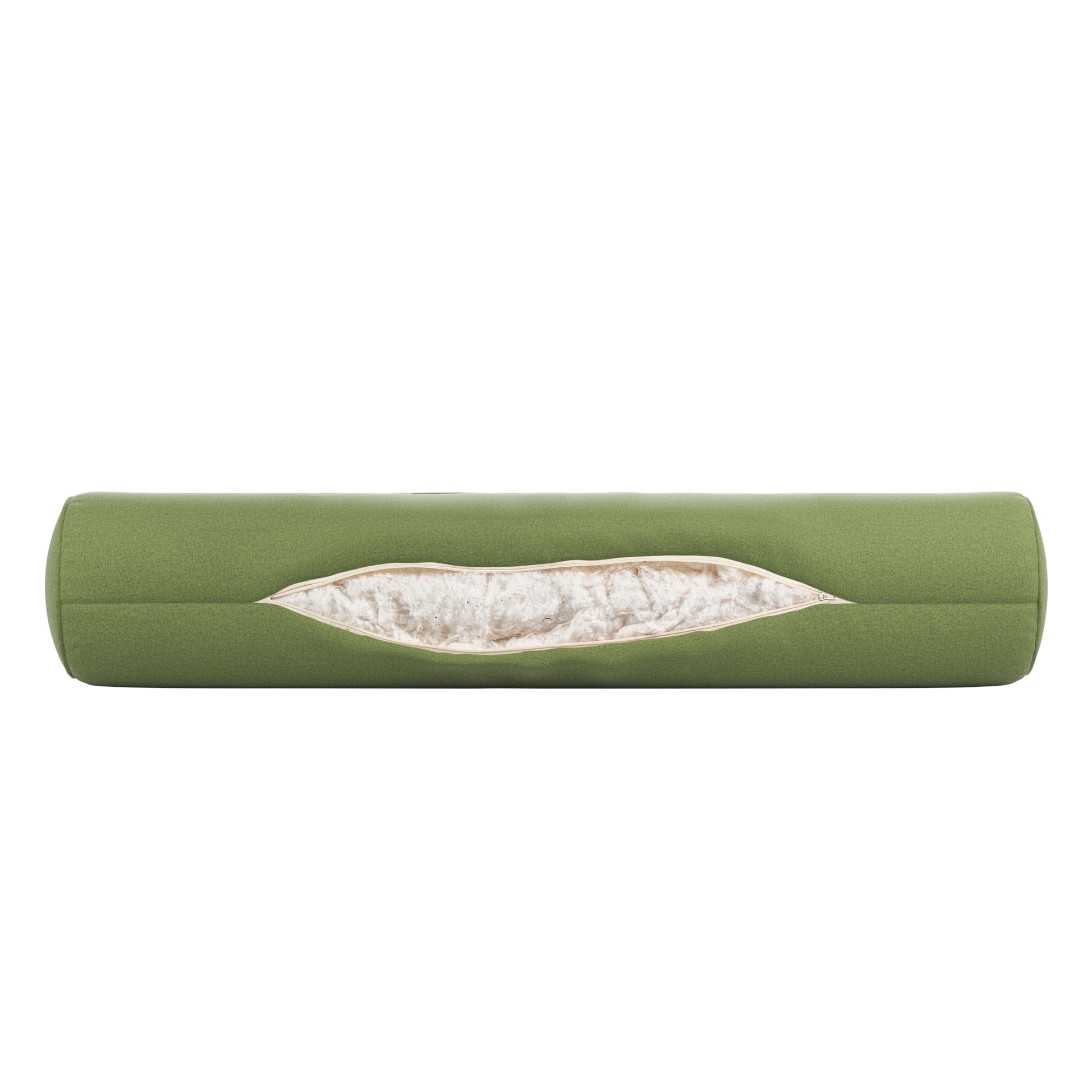 Fern Green bolster pillow on a white background. Zipper open showing cotton inside.