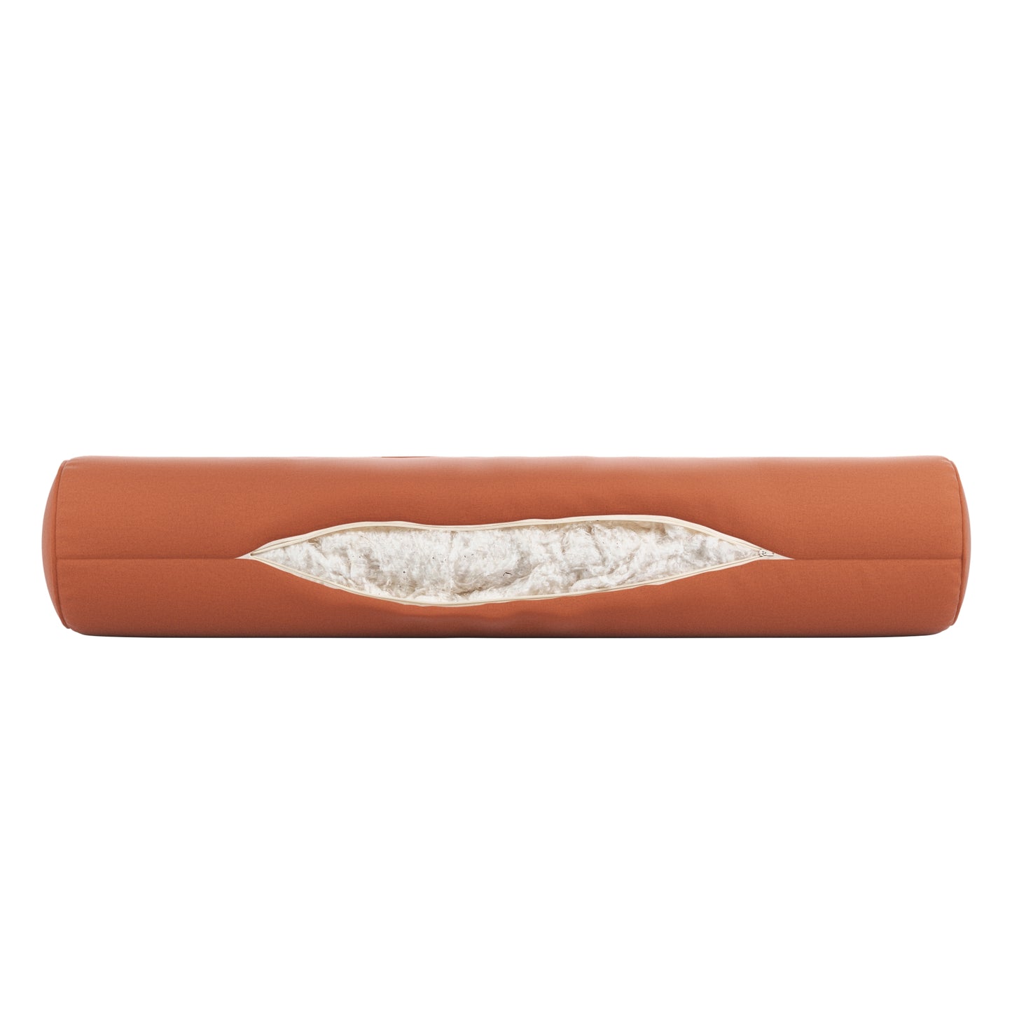 Burnt orange bolster pillow on a white background. Zipper open showing cotton inside.