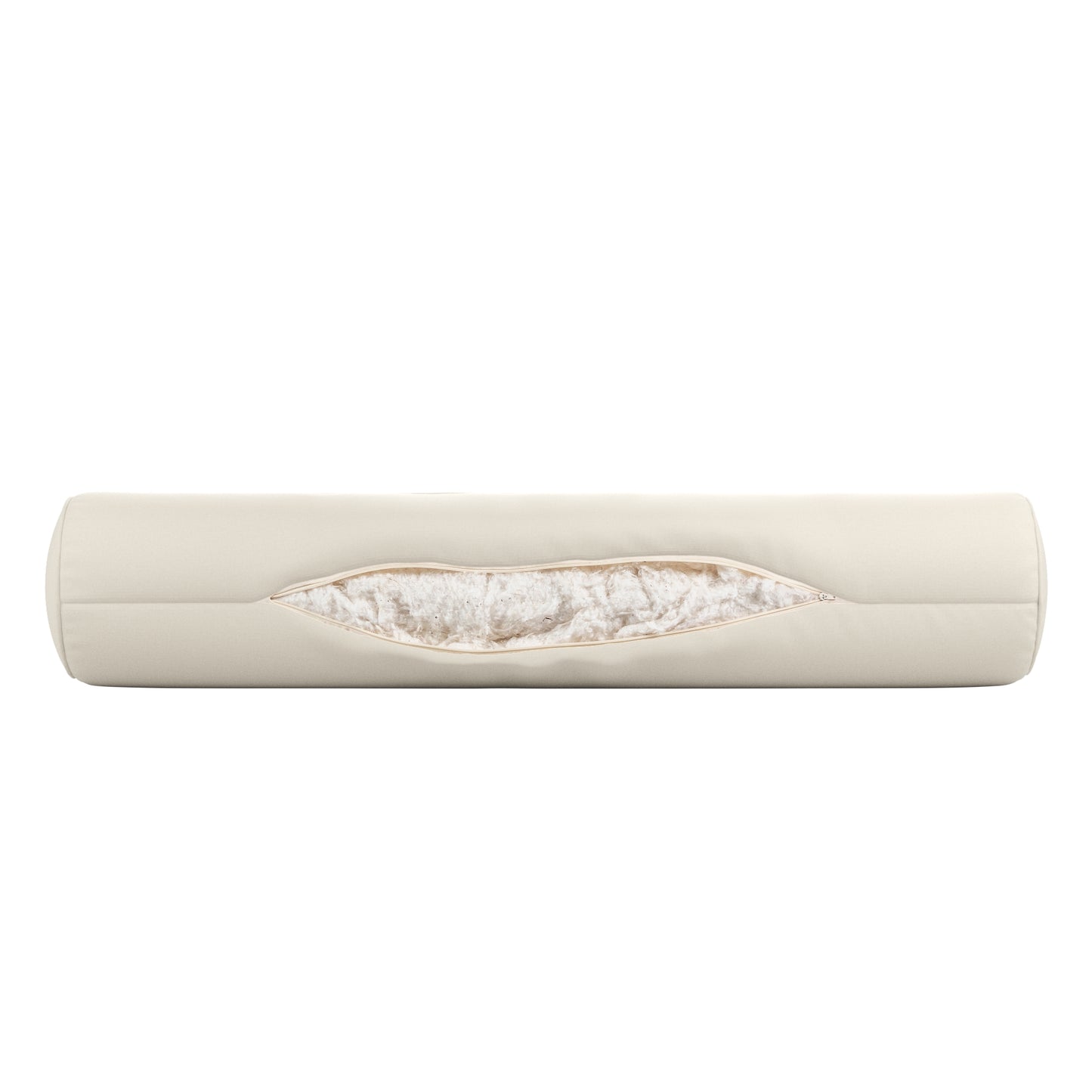 Natural white bolster pillow on a white background. Zipper open showing cotton inside.