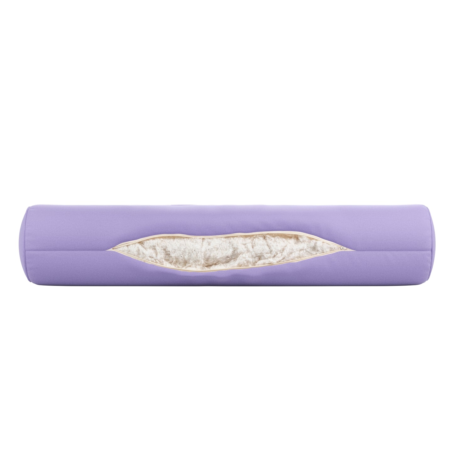 Lavender purple bolster pillow on a white background. Zipper open showing cotton inside.