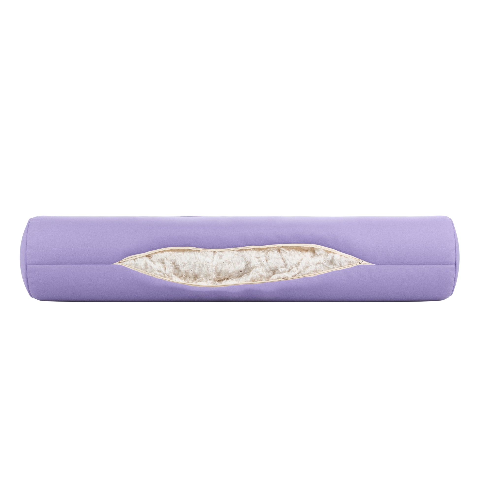 Lavender purple bolster pillow on a white background. Zipper open showing cotton inside.