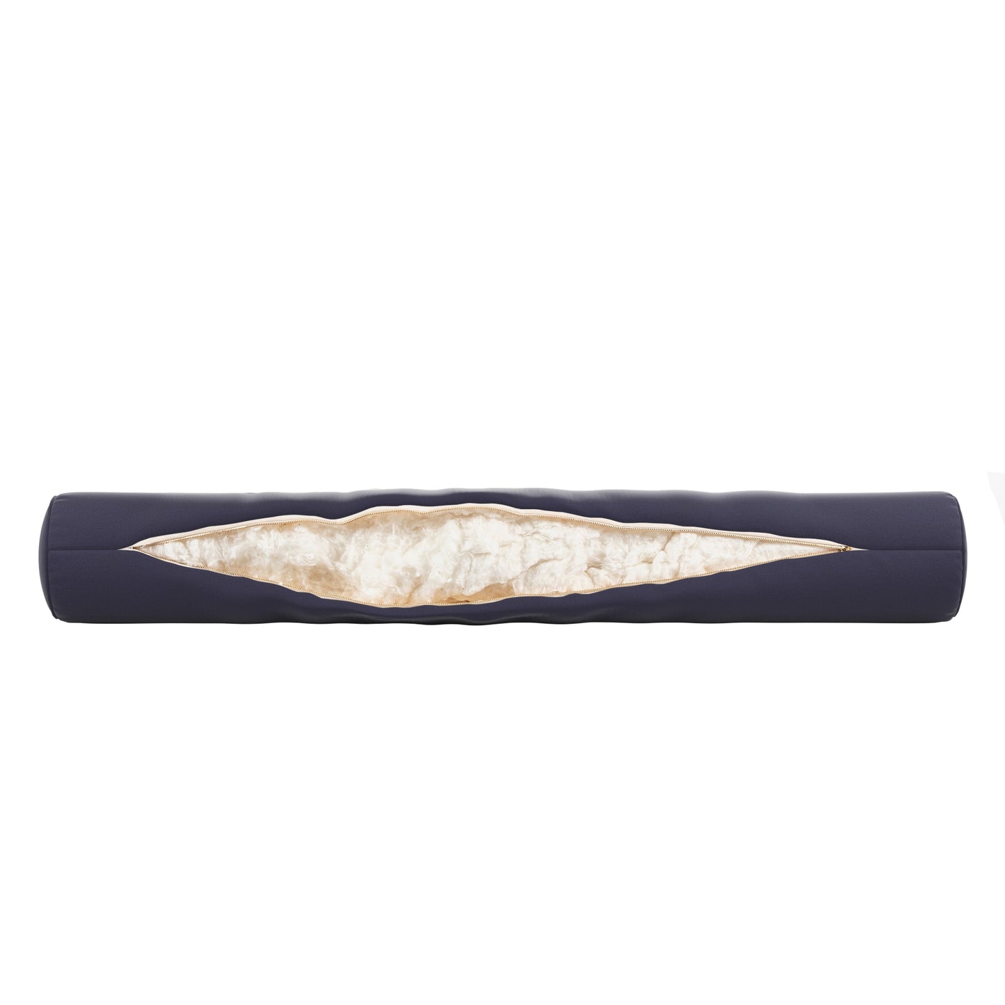 Navy blue bolster pillow on a white background. Zipper open showing cotton inside.