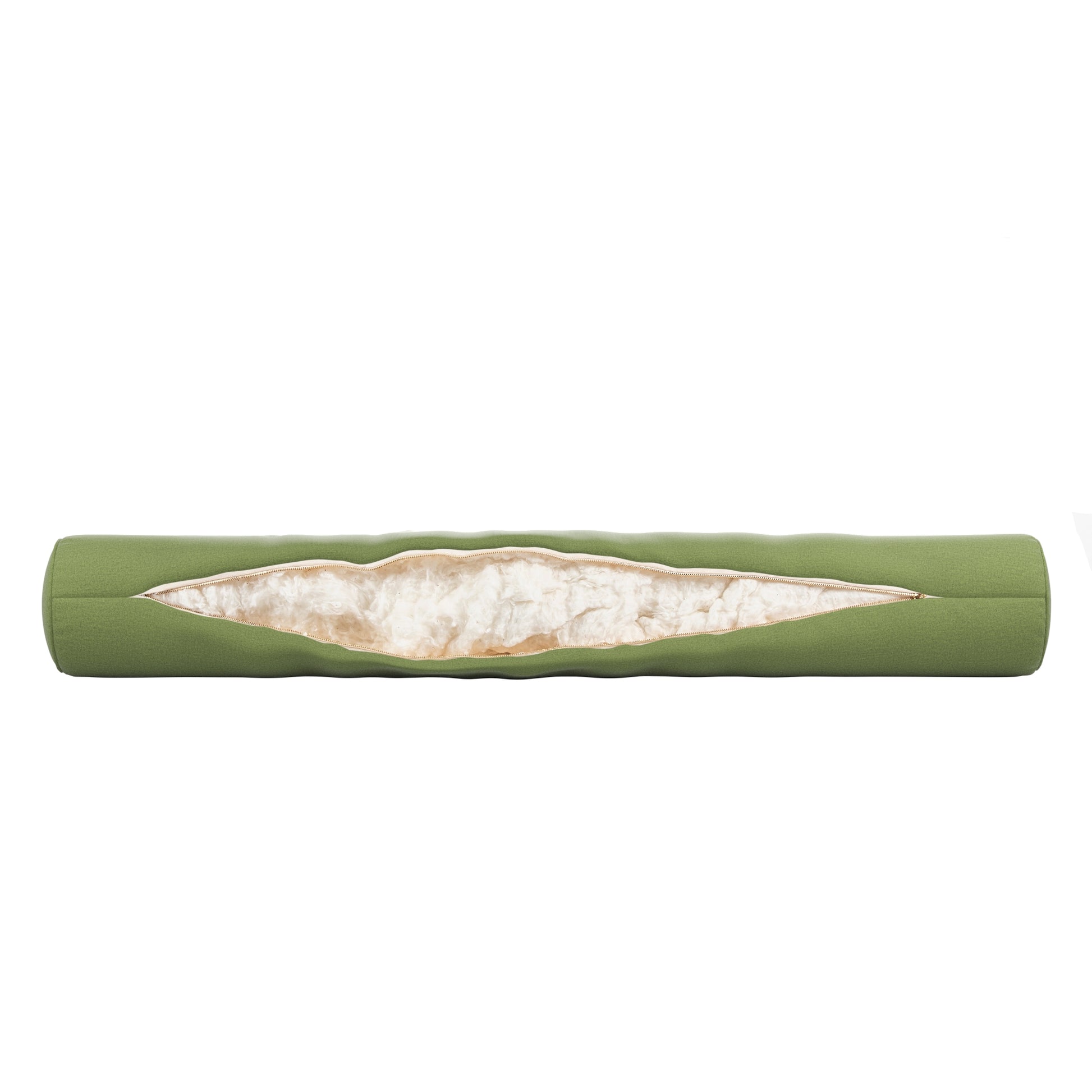 Fern Green bolster pillow on a white background. Zipper open showing cotton inside.