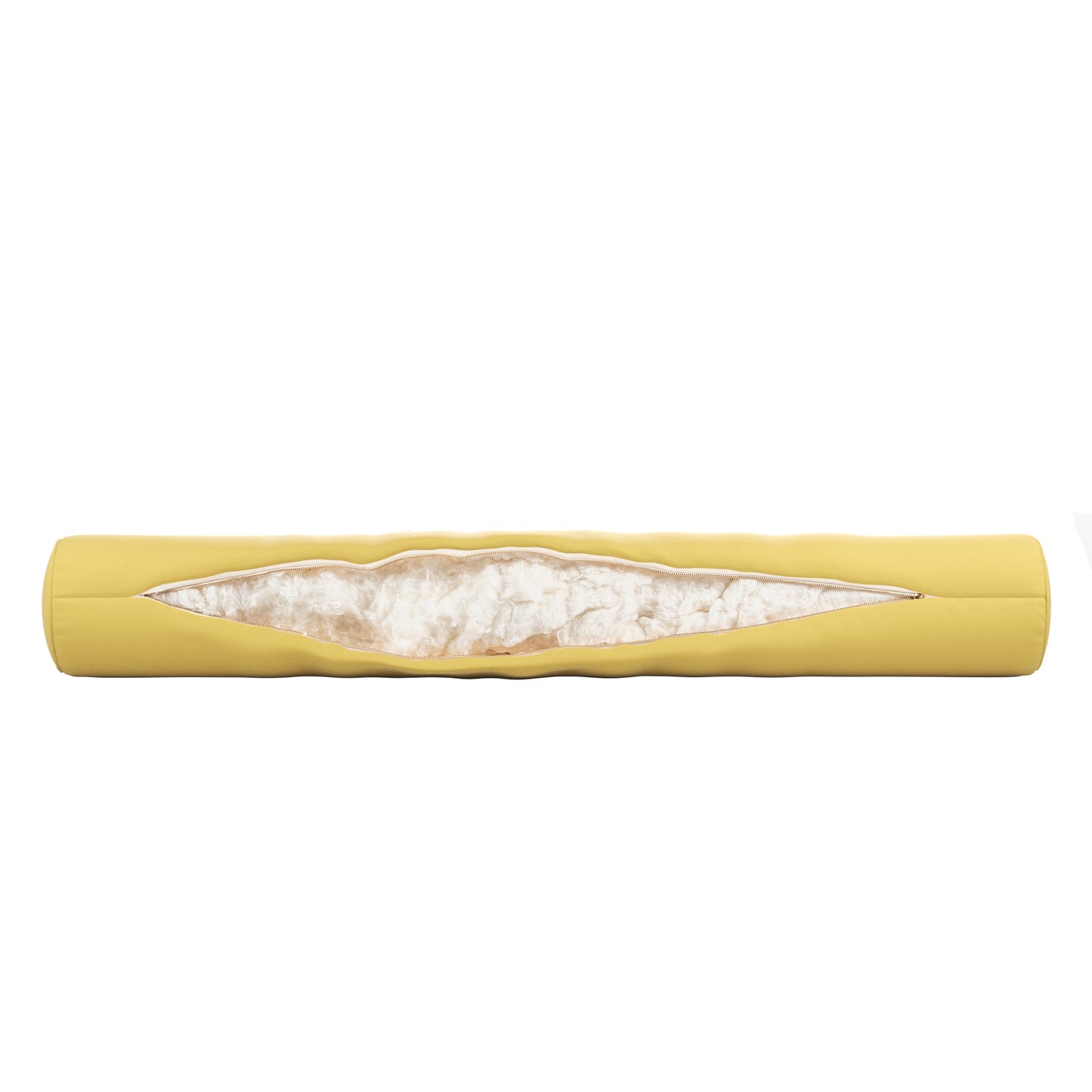 Yellow bolster pillow on a white background. Zipper open showing cotton inside.
