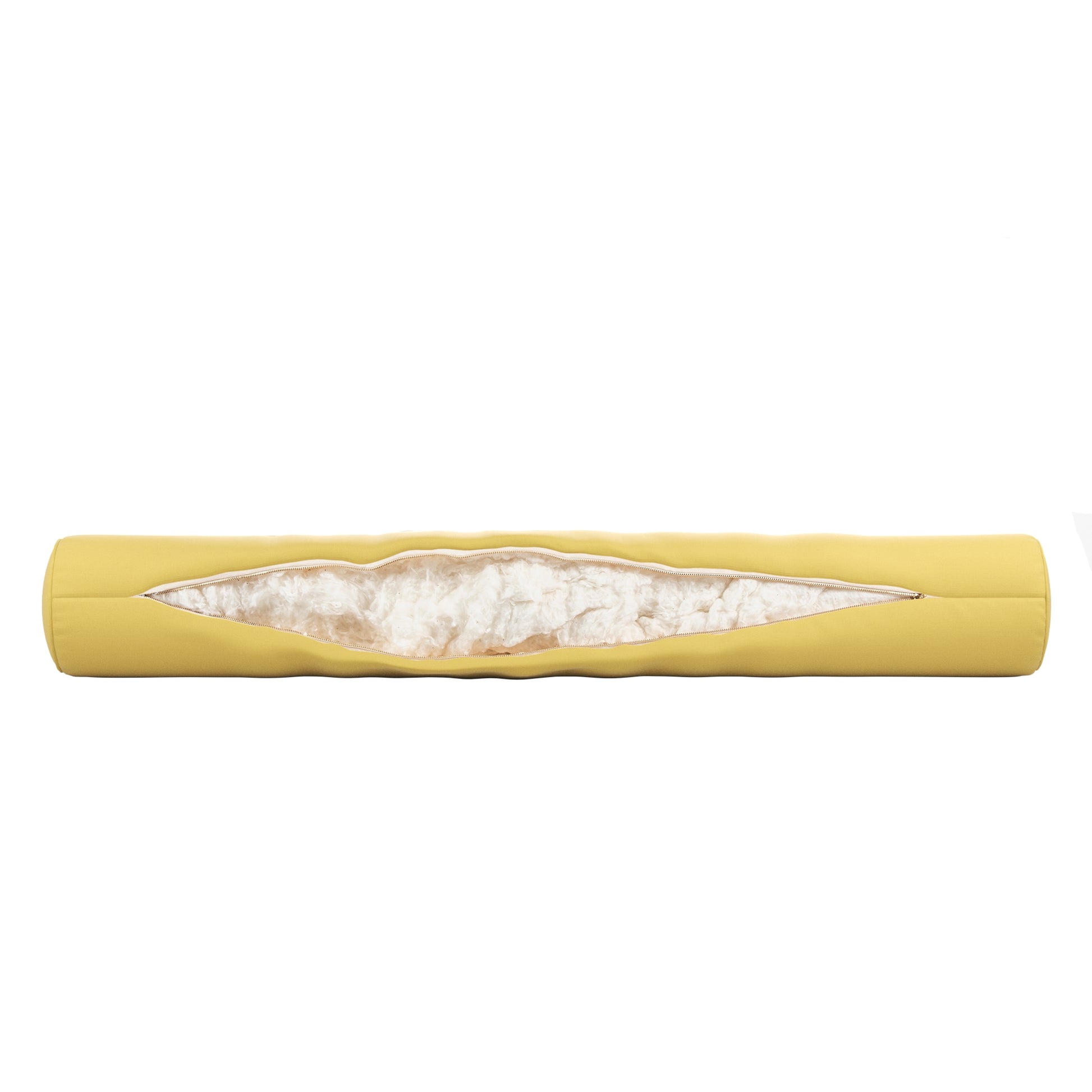 Yellow bolster pillow on a white background. Zipper open showing cotton inside.