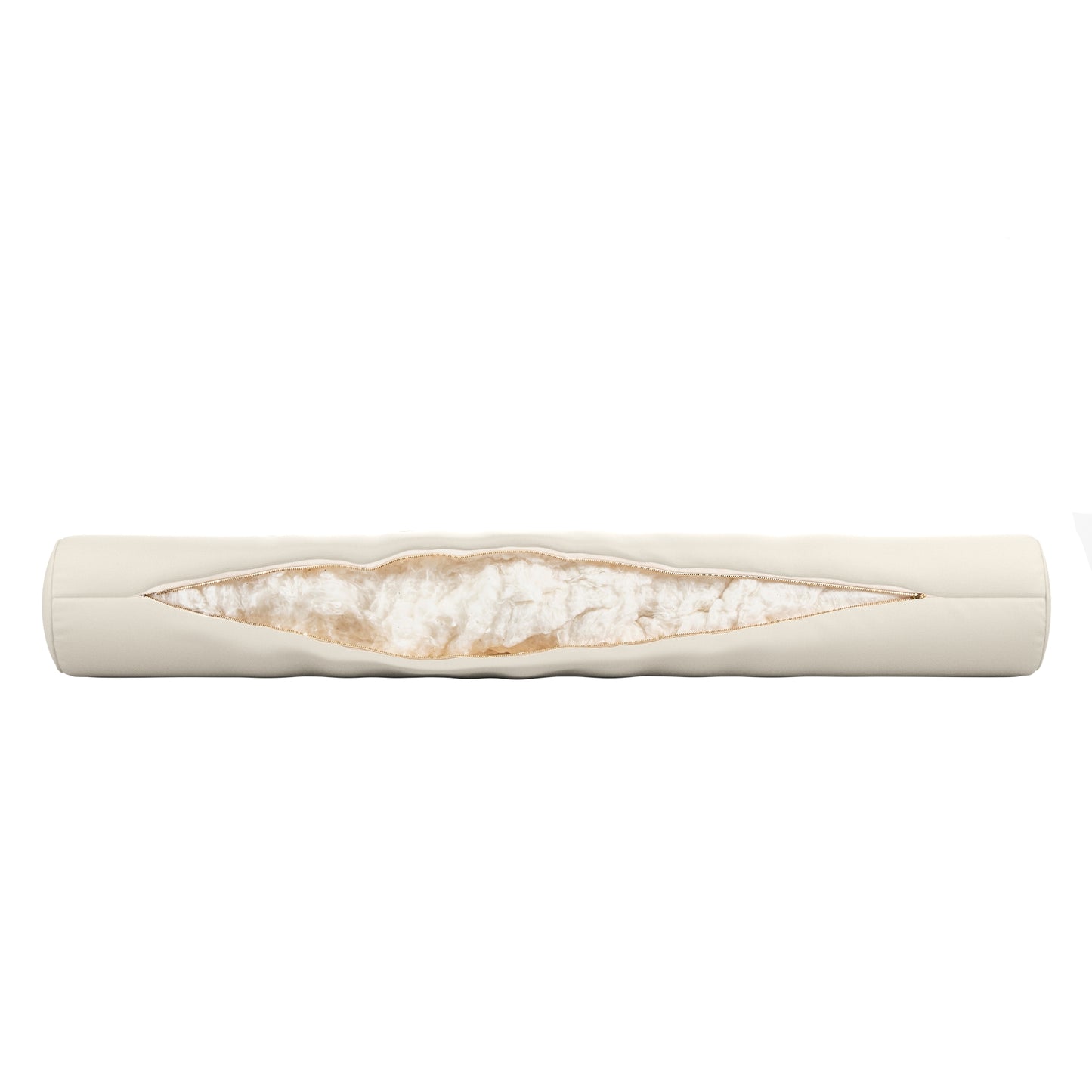 Natural white bolster pillow on a white background. Zipper open showing cotton inside.