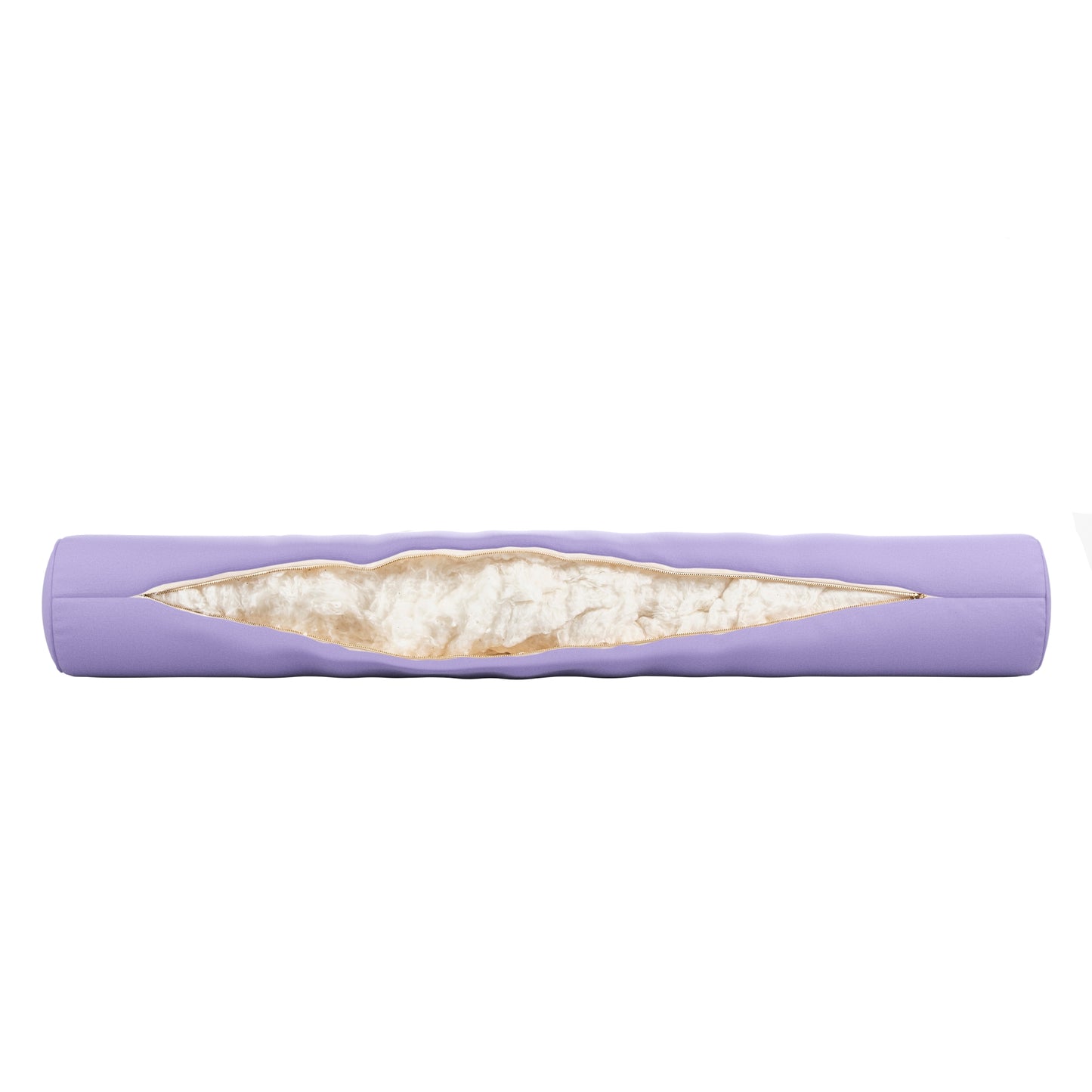 Lavender purple bolster pillow on a white background. Zipper open showing cotton inside.