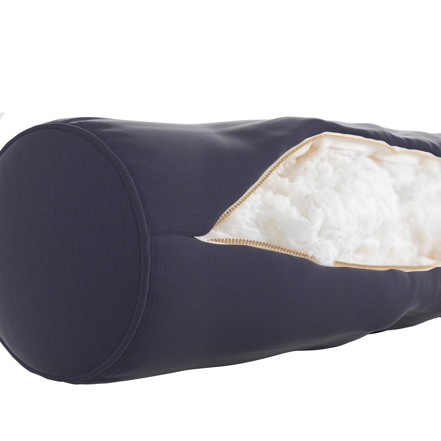 Navy blue bolster pillow on a white background. Zipper open showing cotton inside.