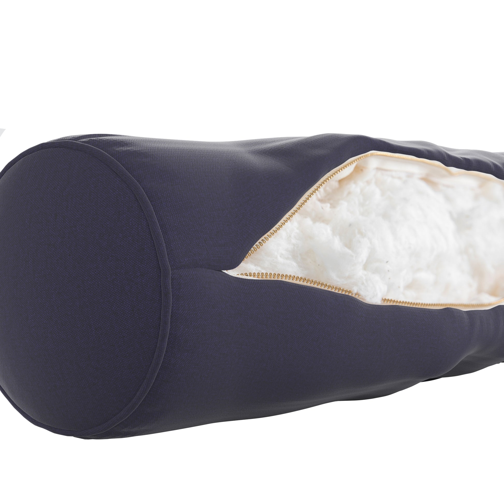 Navy blue bolster pillow on a white background. Zipper open showing cotton inside.