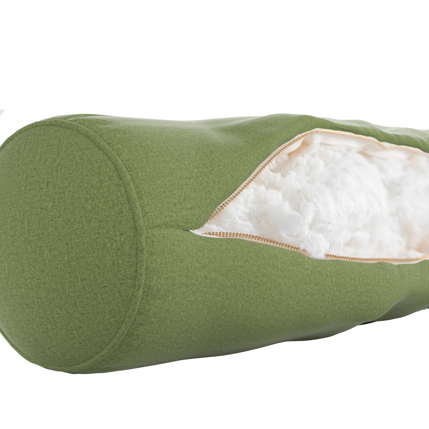 Fern Green bolster pillow on a white background. Zipper open showing cotton inside.