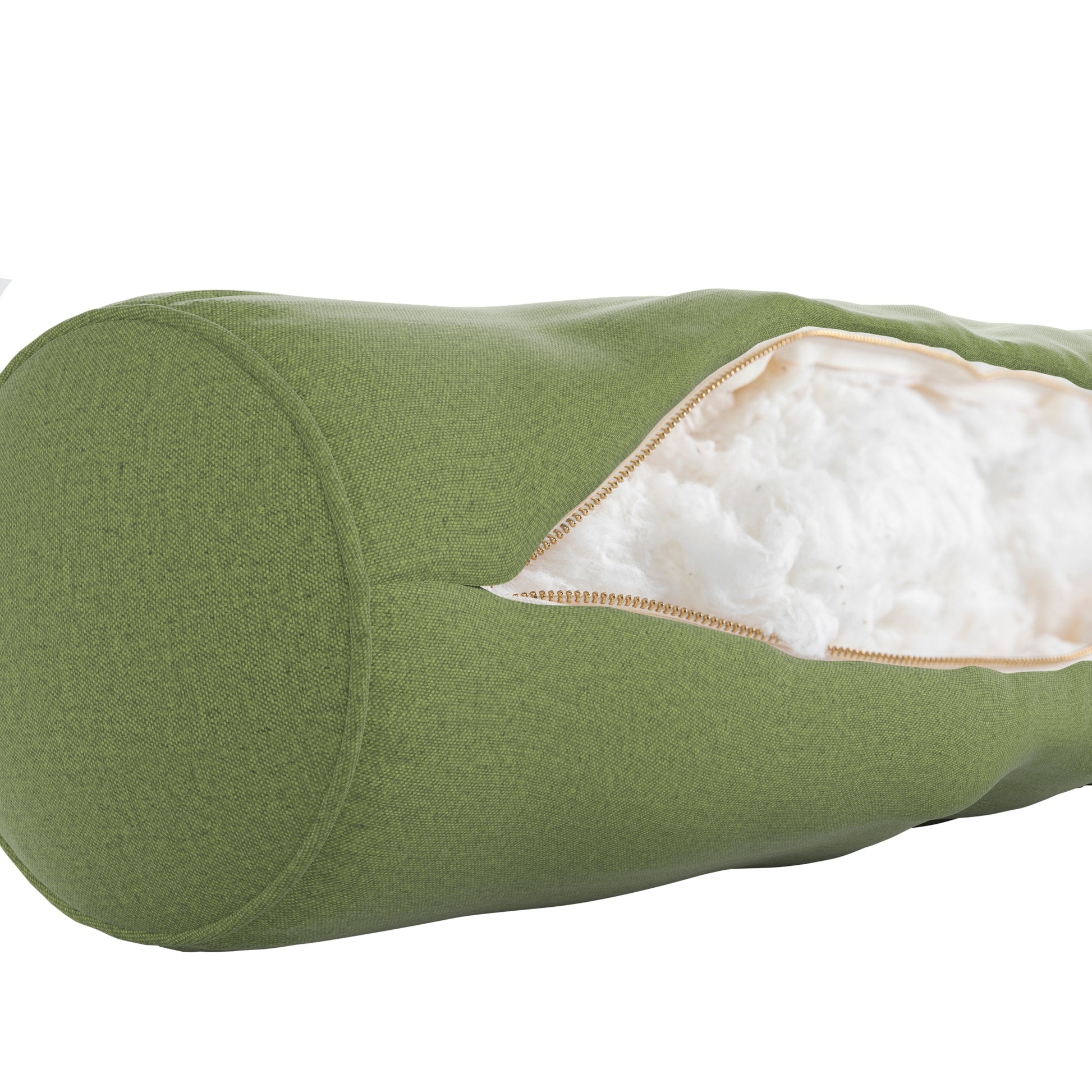Fern Green bolster pillow on a white background. Zipper open showing cotton inside.