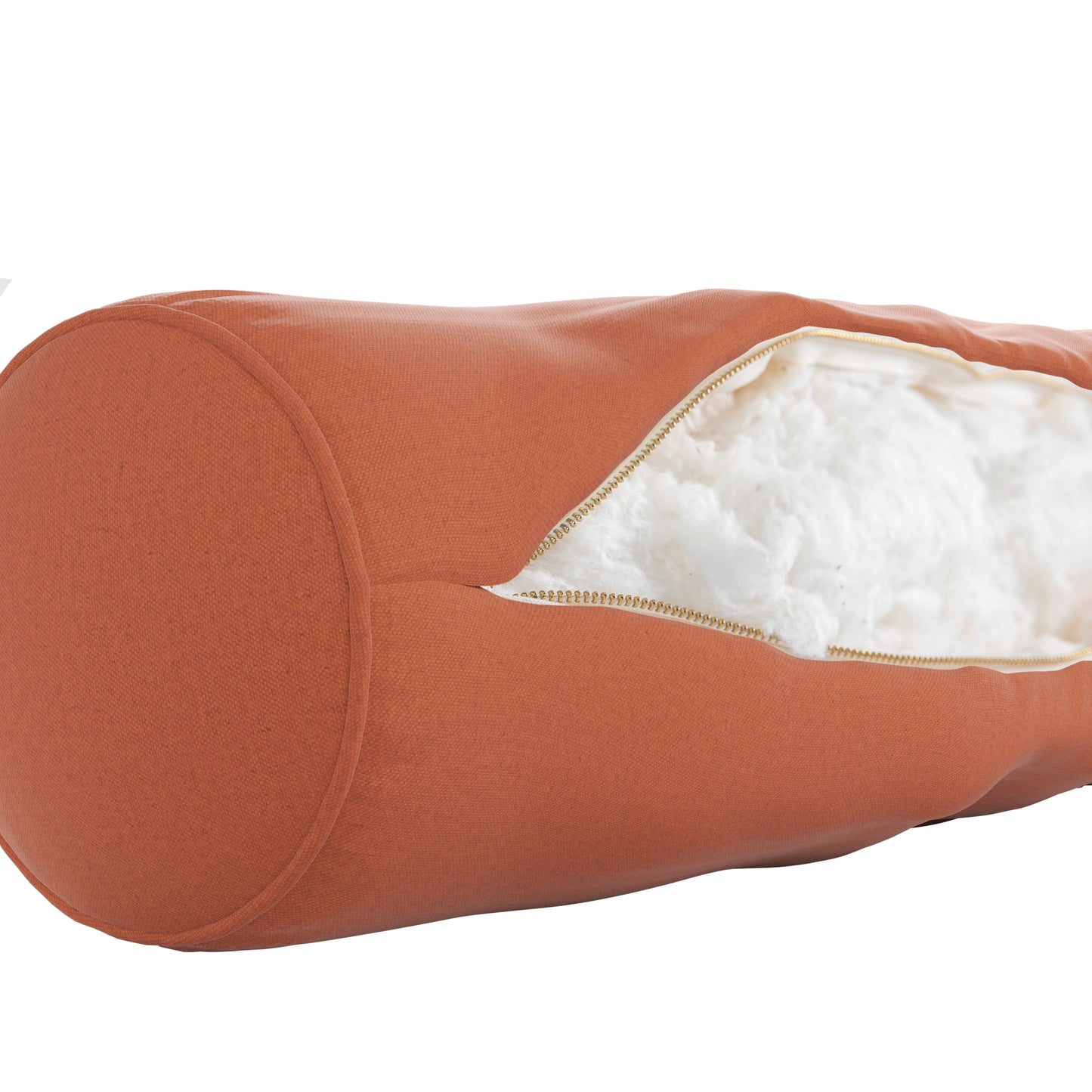 Burnt orange bolster pillow on a white background.  Zipper open showing cotton inside.