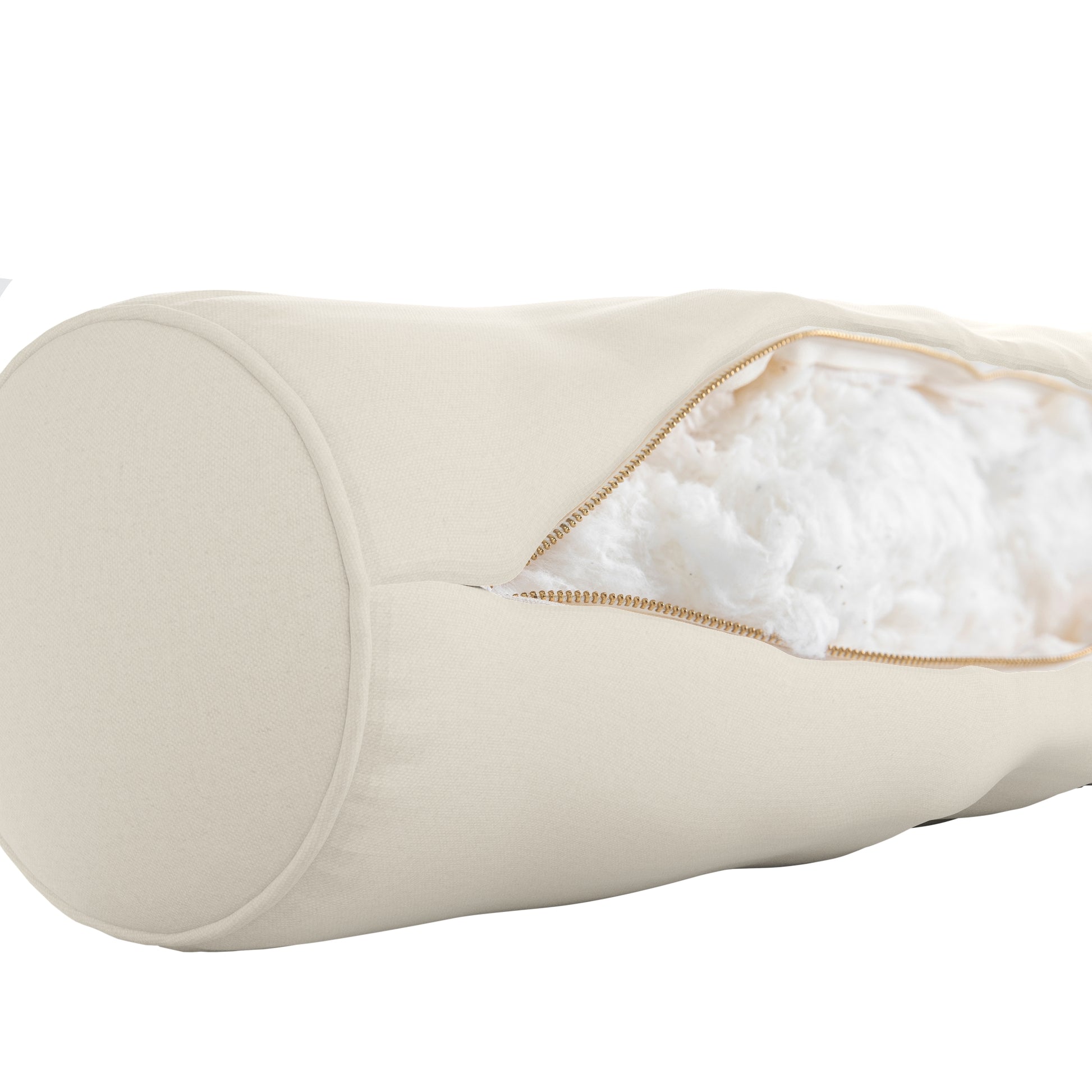 Natural white bolster pillow on a white background. Zipper open showing cotton inside.