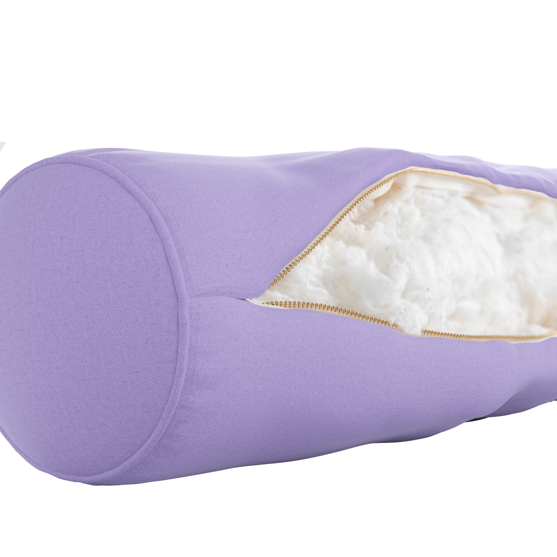 Lavender purple bolster pillow on a white background. Zipper open showing cotton inside.