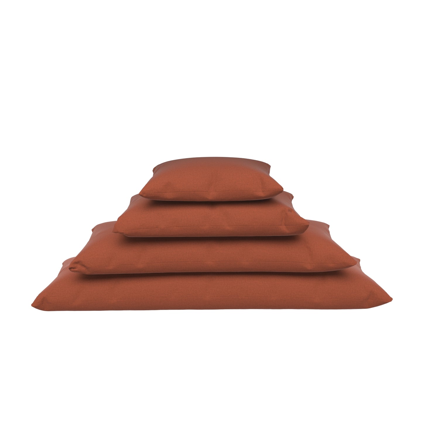 Four burnt orange lumbar pillow stacked on a white background.