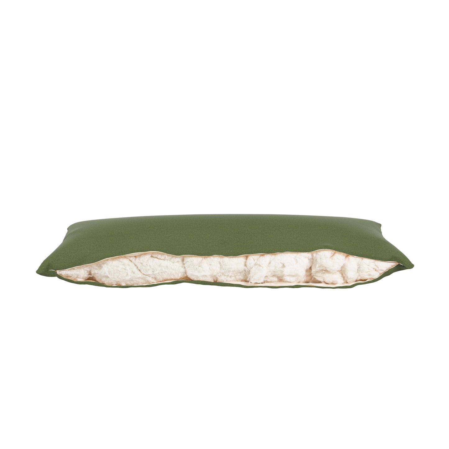 Fern green lumbar pillow, zipper open showing cotton inside on a white background.