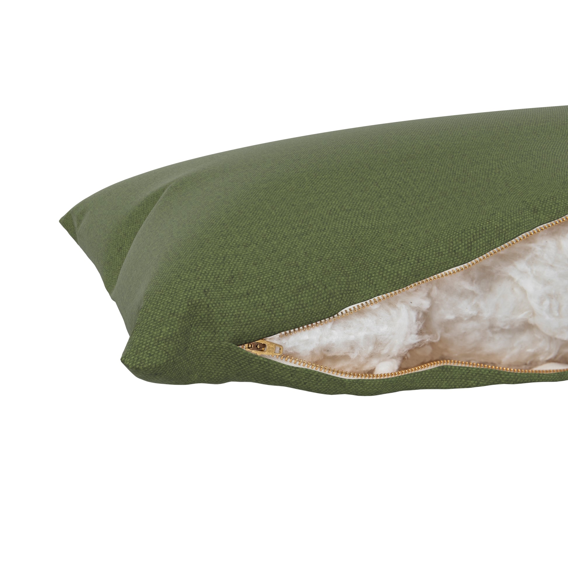Fern green lumbar pillow, zipper open showing cotton inside on a white background.