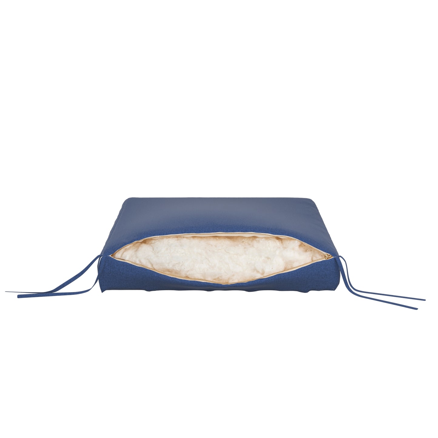 Denim blue seat cushion on a white background. Zipper open showing cotton inside.